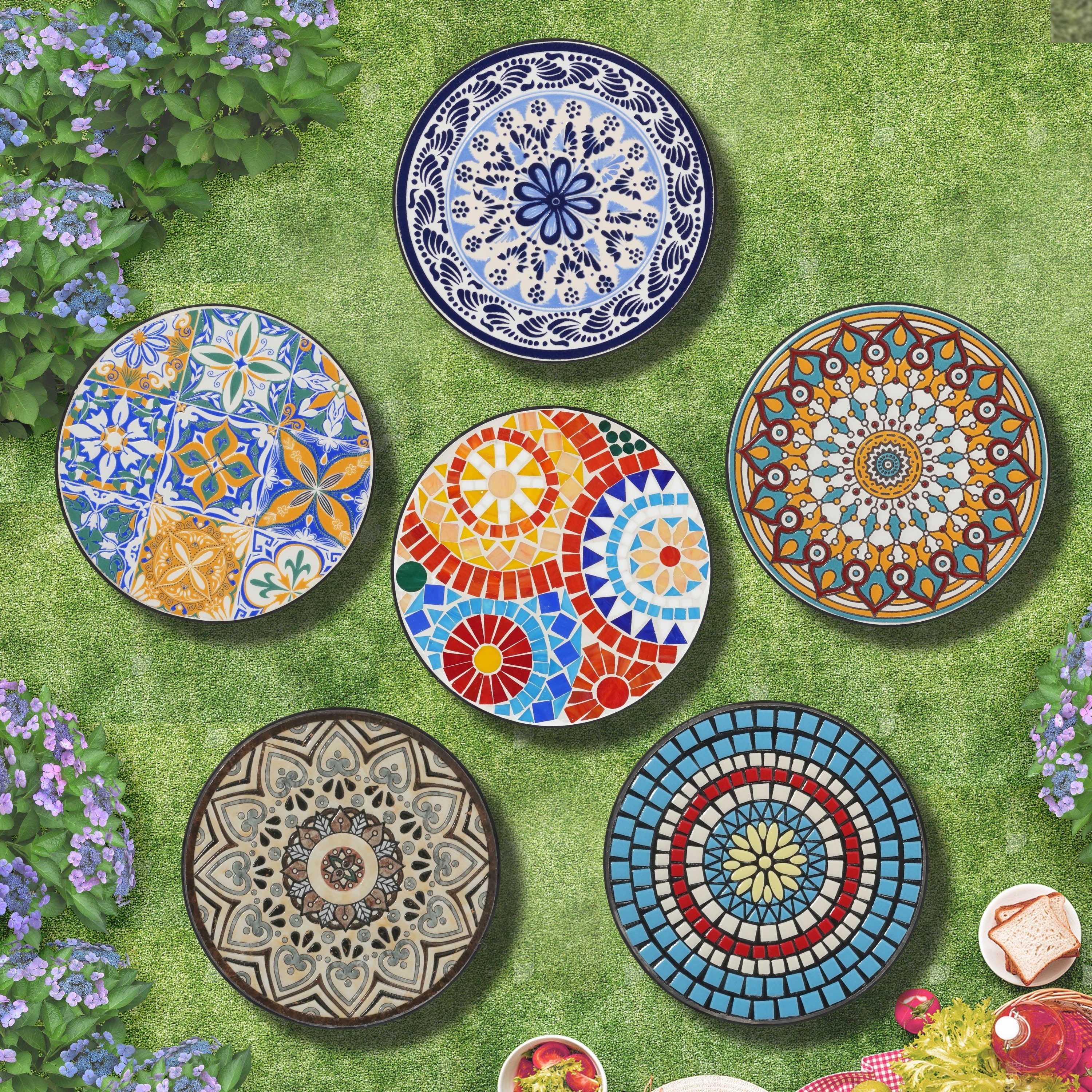 Vibrant Patio Side Table with Shelf, Floral Design, Blue and Black Ceramic Tile, 14-Inch