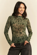 Davi & Dani Floral Mesh Long Sleeve Sheer Layering Top