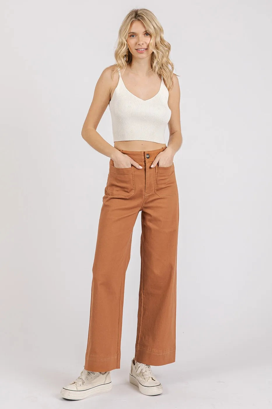 Mittoshop Twill Patch Pocket High Rise Wide Leg Pants