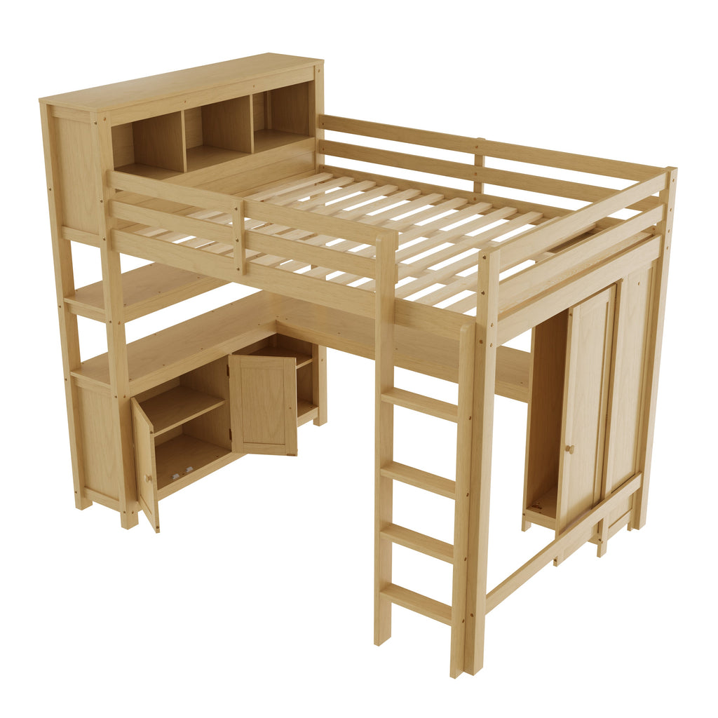 Wood Loft Bed with Cabinet and Bookshelf, Queen Size Loft with Wardrobe and Desk for Kids,Natural