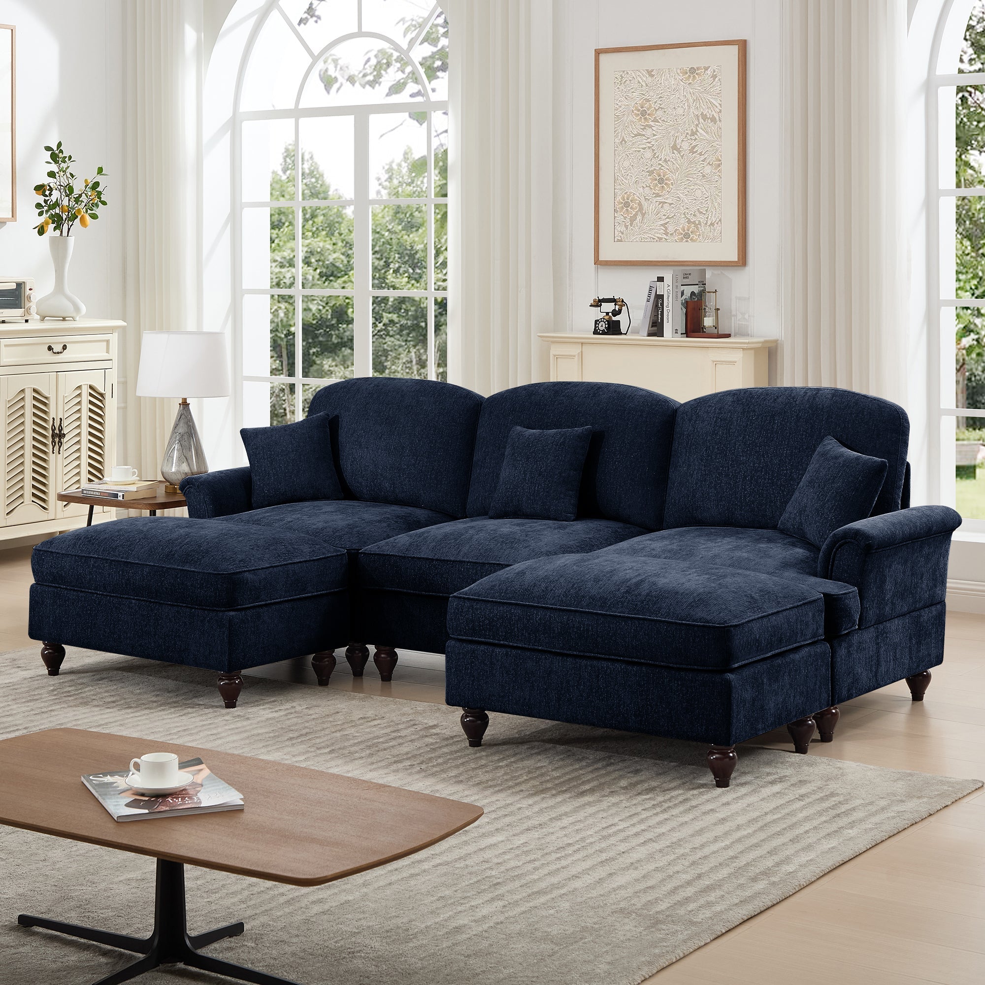 Classic Comfy Modular U Shape Sectional Sofa Couch with Flared Arms and Removable Ruffles Pleats Skirts and Spindle Legs, Upholstered Chenille Deep Seat Cloud Sofa with Movable Ottomans, Blue