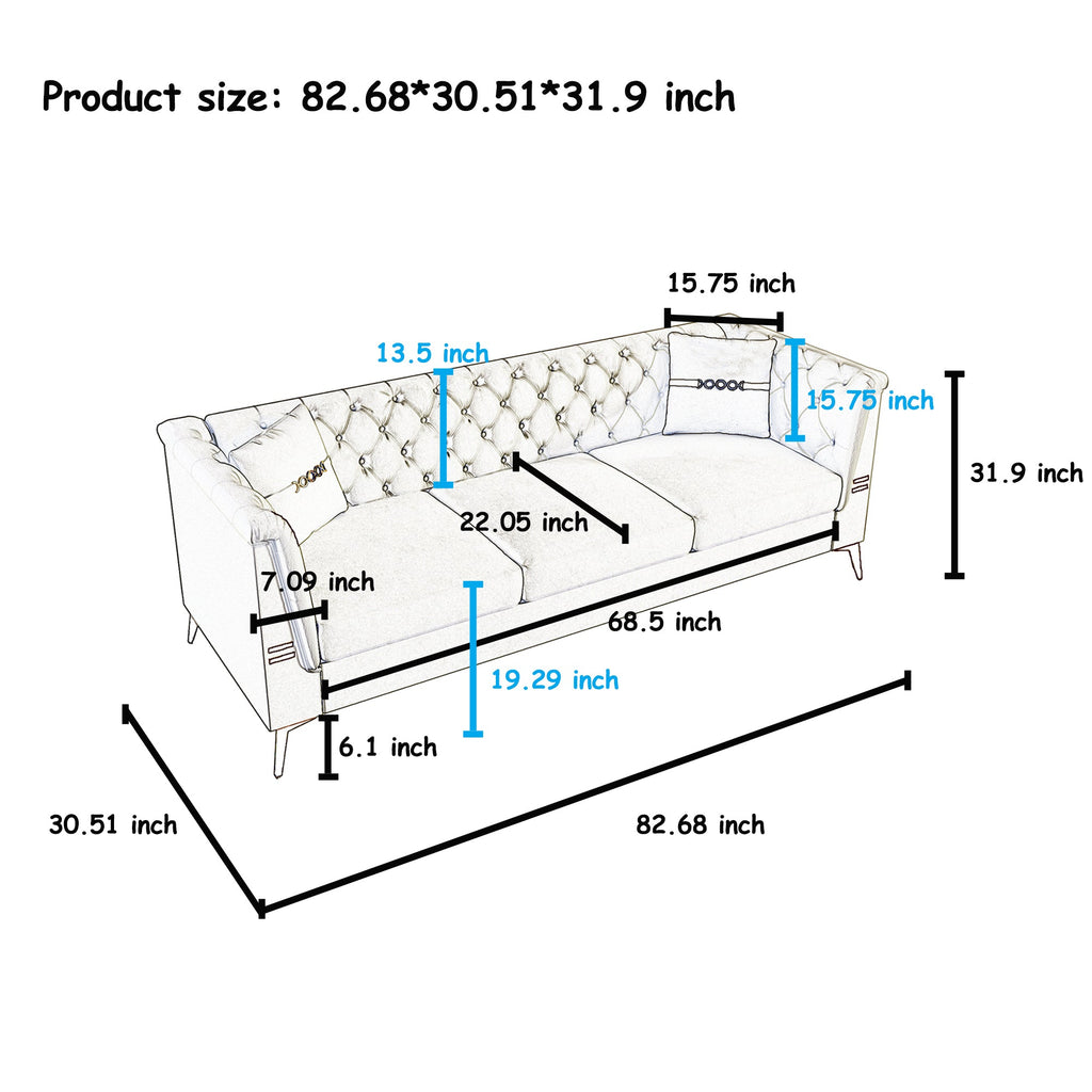 FX-P83-2PC SOFA -CW4  Modern Velvet Upholstered Sofa Set of 2, Cream White 3-Seater Sofas with Gold Metal Legs Contemporary Living Room Furniture for Family Homes, Apartments, and Lounge Spaces