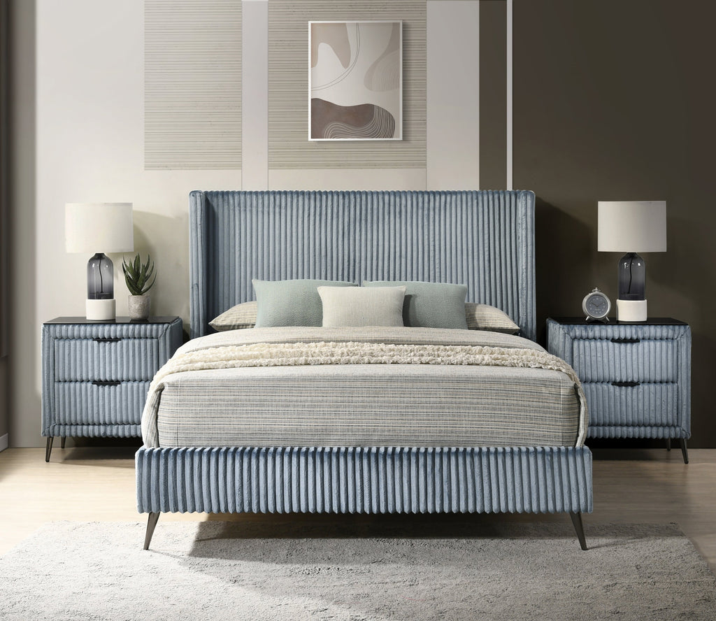 Mavela Wide Wale Corduroy Upholstery Panel Queen Bed with 2 Nightstands and Bench, Blue