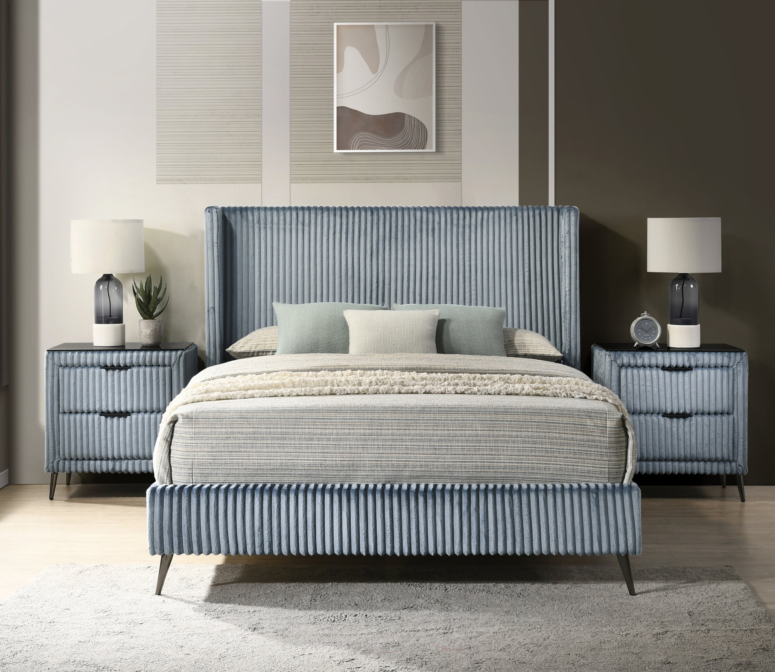 Mavela Wide Wale Corduroy Upholstery Panel Queen Bed with 2 Nightstands and Bench, Blue