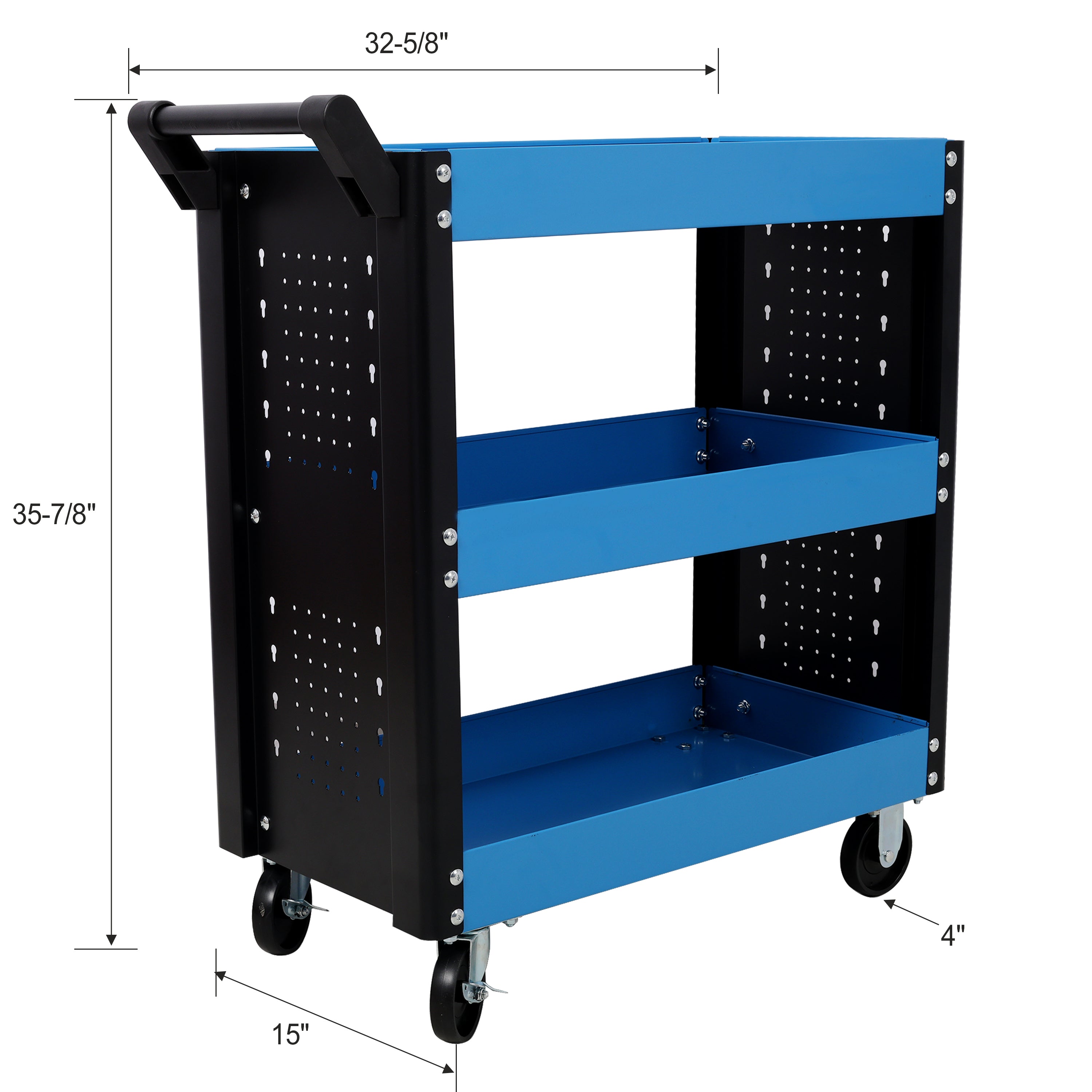 3 Tier Rolling Tool Cart on Wheels,Heavy Duty Utility Tool Cart with Pegboard for Repair Shop, Garage, Warehouse,Blue