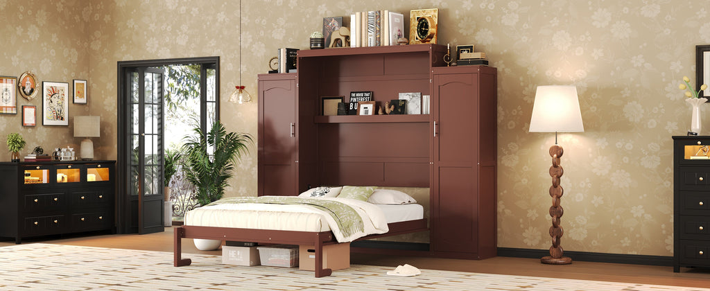 Queen Size Murphy Bed, Wooden Queen Wall Bed with 2 Wardrobe and Storage Shelf, Multifunctional Foldable Platform Bedframe for Guest-Room, Bedroom, Walnut