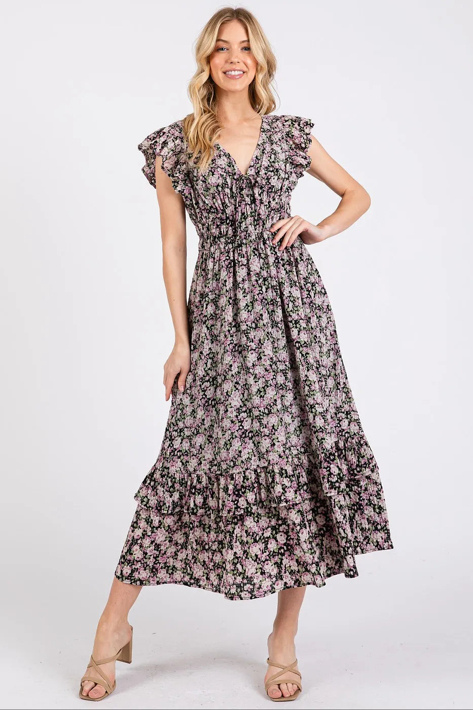 Mittoshop Flower Print Ruffle Cap Sleeve V-neck Midi Dress
