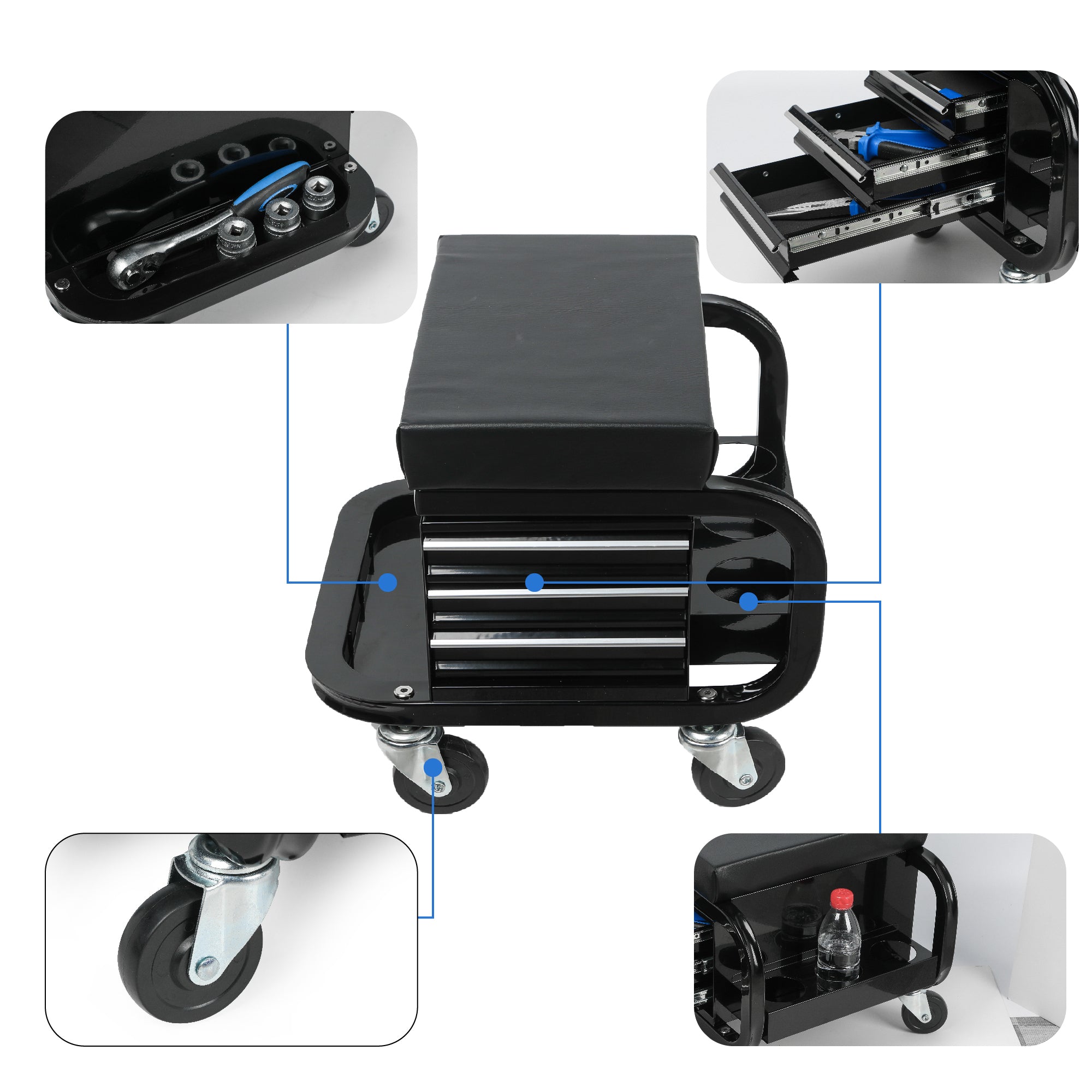 Rolling Creeper Garage Seat with 3 Built-in Drawers, Rolling Tool Chest for Shop or Garage(Black)