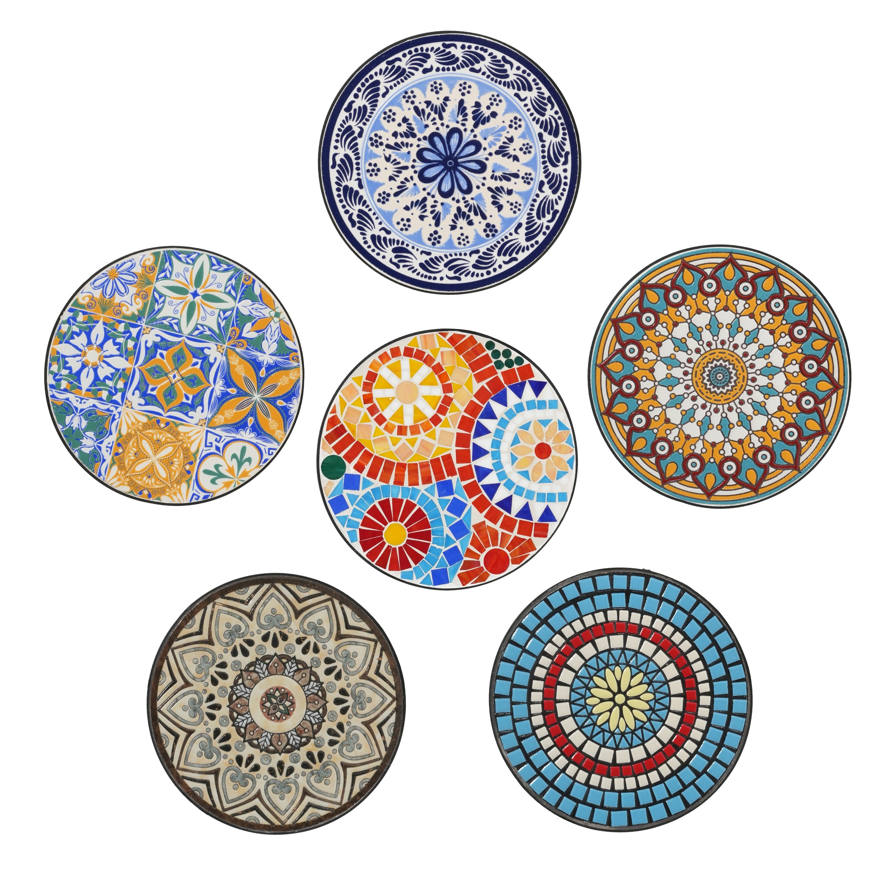 Vibrant Patio Side Table with Shelf, Floral Design, Blue and Black Ceramic Tile, 14-Inch