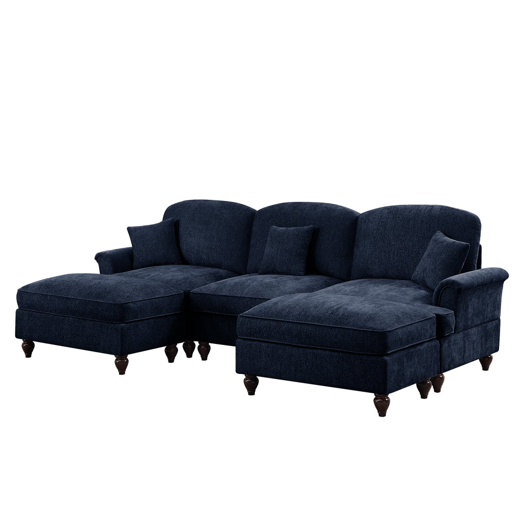 Classic Comfy Modular U Shape Sectional Sofa Couch with Flared Arms and Removable Ruffles Pleats Skirts and Spindle Legs, Upholstered Chenille Deep Seat Cloud Sofa with Movable Ottomans, Blue