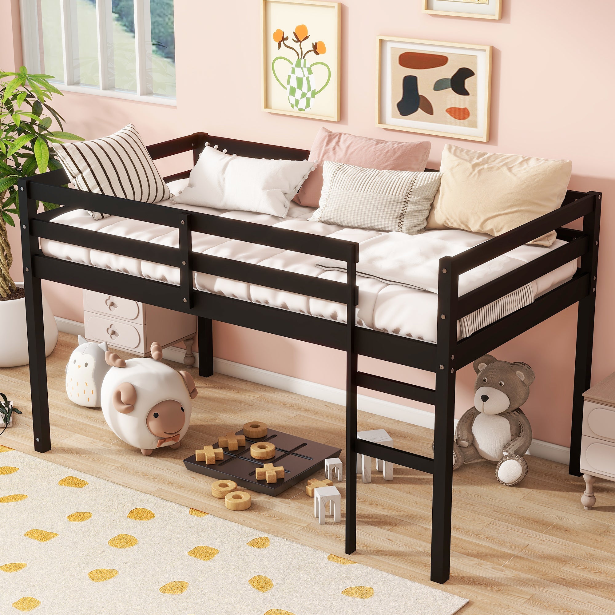 Solid Wooden, Rubber Wooden Twin Loft Bed with Ladder, Bed Platform of Strengthened Slats , Black