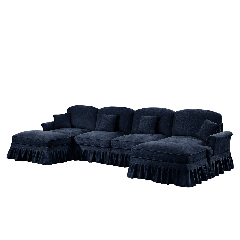 Classic U Shape 4 Seater Modular Sectional Sofa Couch with Flared Arms and Removable Ruffles Pleats Skirts and Spindle Legs, Chenille Deep Seat Cloud Sofa with Movable Ottomans, Blue