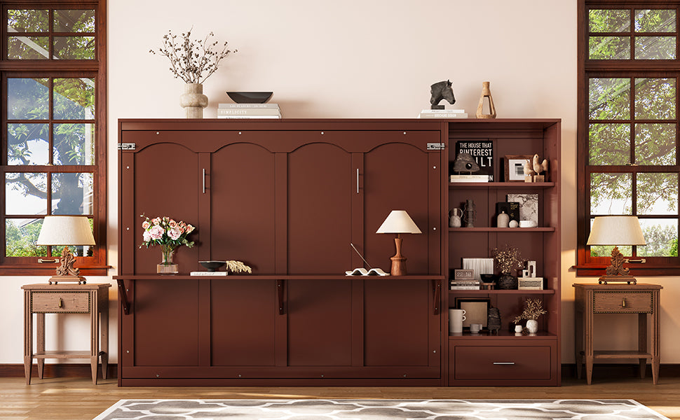 Queen Size Murphy Bed with Height Adjustable Storage Compartments and Shelf, Wall Bed Frame With 1 Drawer, Multifunctional Foldable Platform Bed for Small Space,Bedroom,Guest Room, Walnut