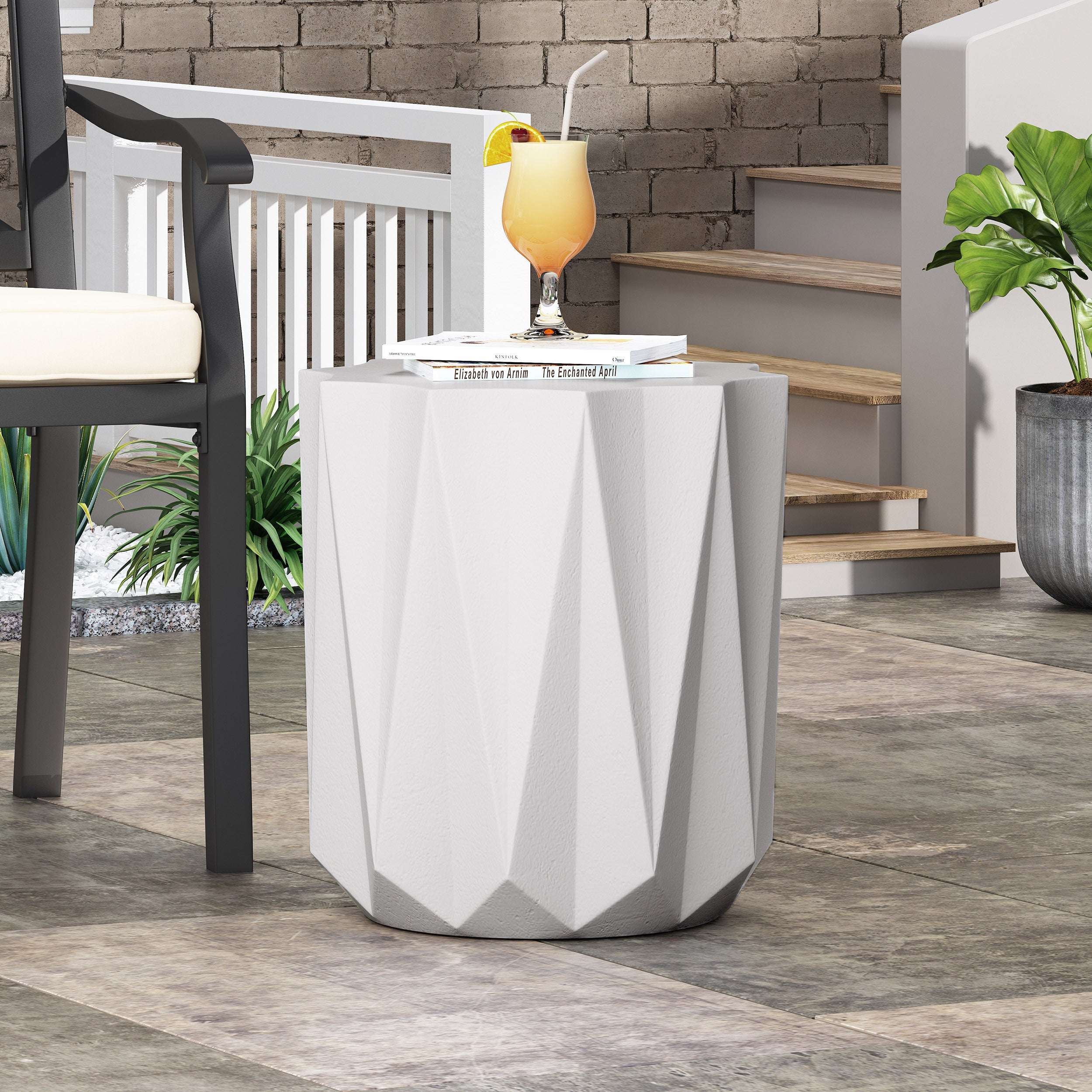 Modern Outdoor Lightweight Concrete Side Table with Geometric Design in Antique White