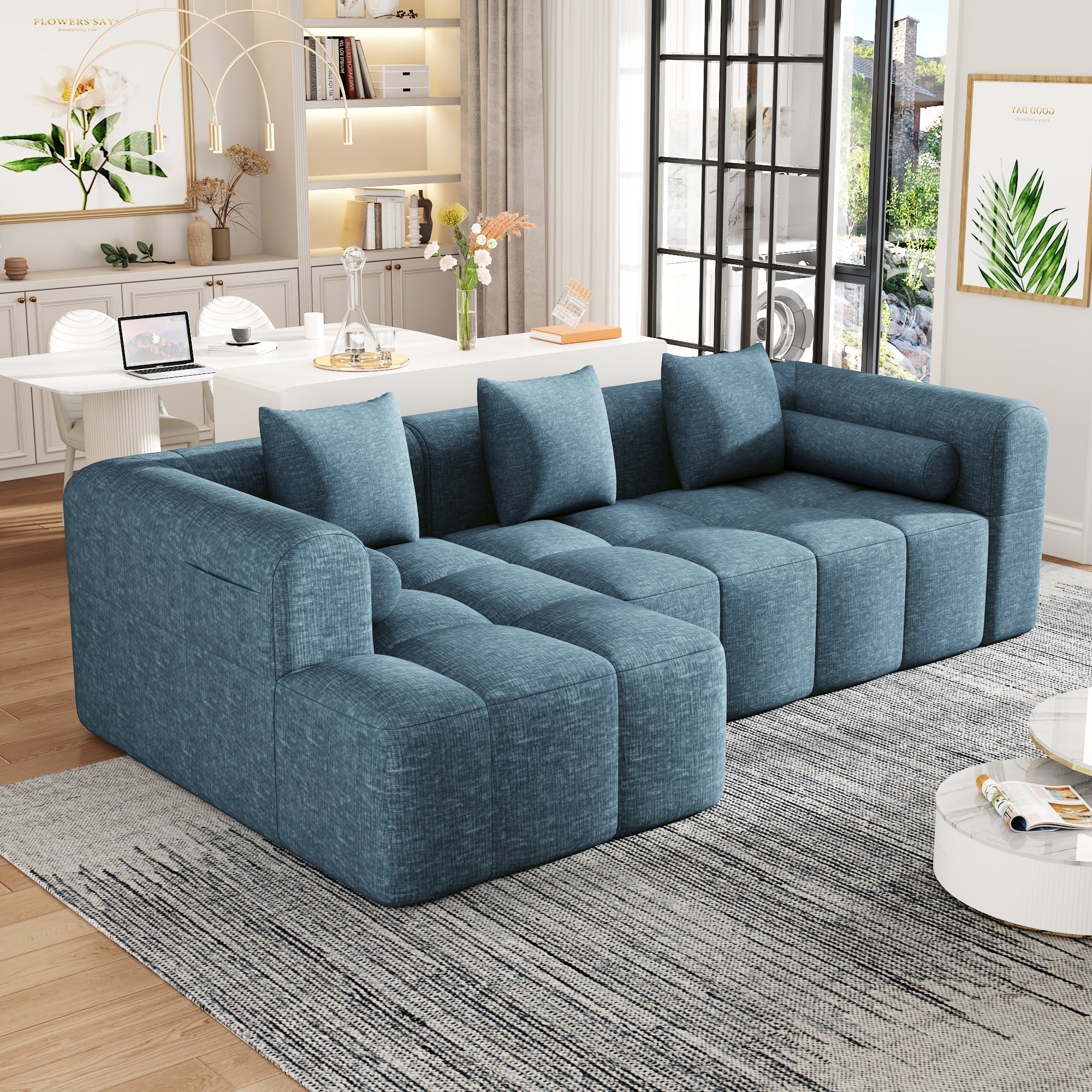 Modern Modular Sofa with Deep Seating, Two Side Pockets, and Plush Pillows in Blue Chenille Fabric, 101.2'