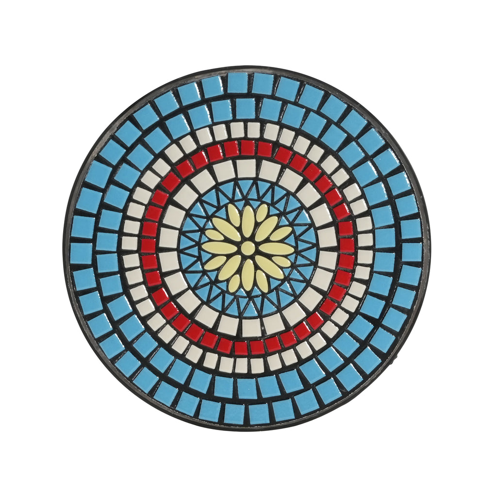 Vibrant Patio Side Table with Shelf, Floral Design, Blue and Black Ceramic Tile, 14-Inch