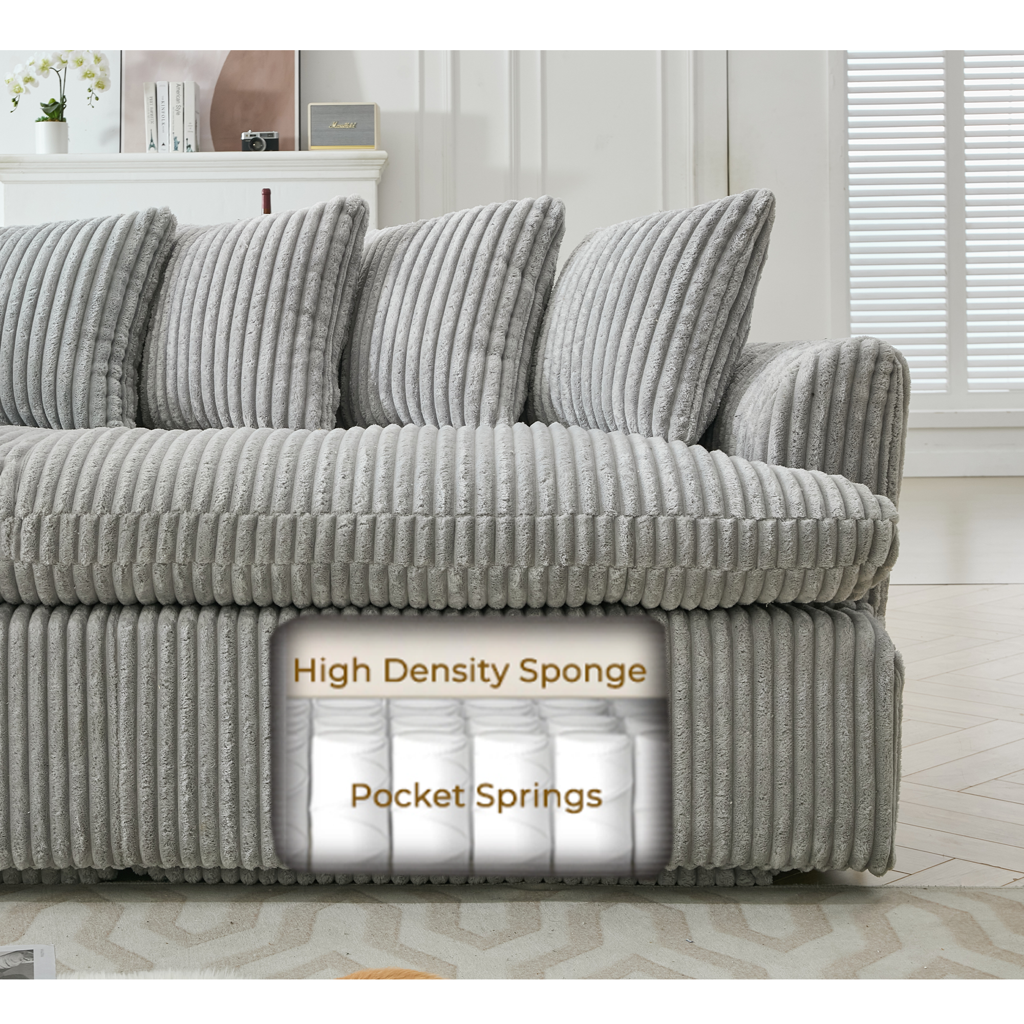 127''  Large Sectional Sofa ,Elegant Curved Design ,High-Resilience Foam ,Ten Back Cushions,L-Shape Left Sofa,No Assembly  Required , (Gray-Soft Corduroy Fabric)