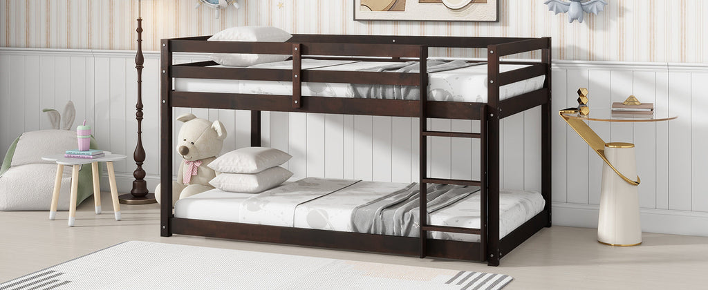 Solid Wooden, Solid Rubber Wooden Twin over Twin Floor Bunk Bed with Ladder, with Bed Platform of Strengthened Slats  , Espresso