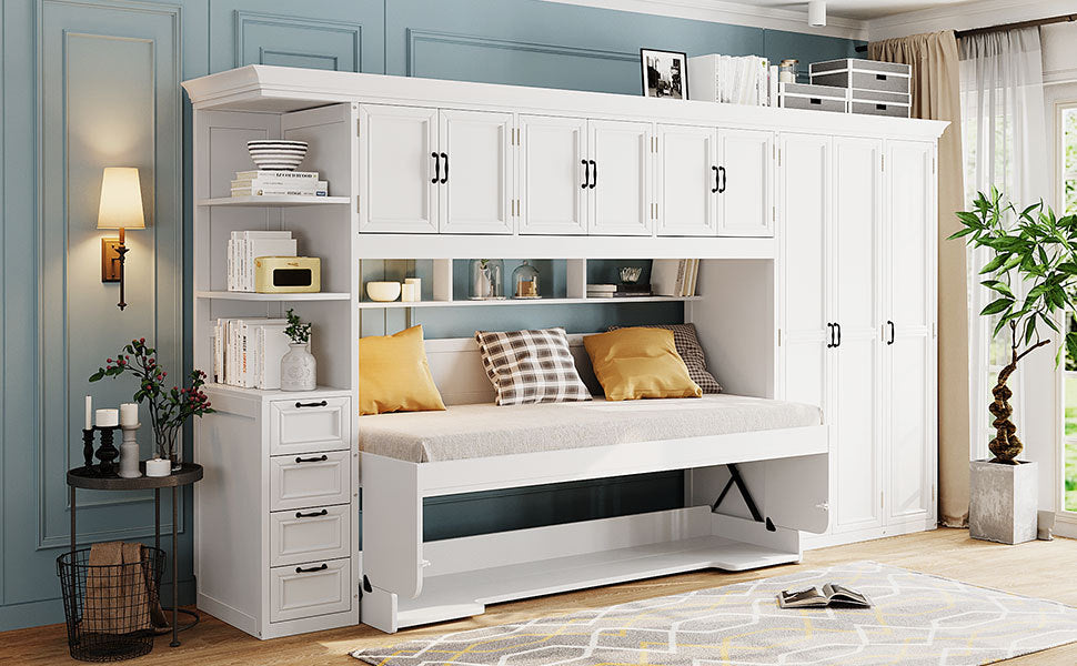 Twin Size Murphy Bed Wall Bed with Wardrobe, Cabinet and Desk, White