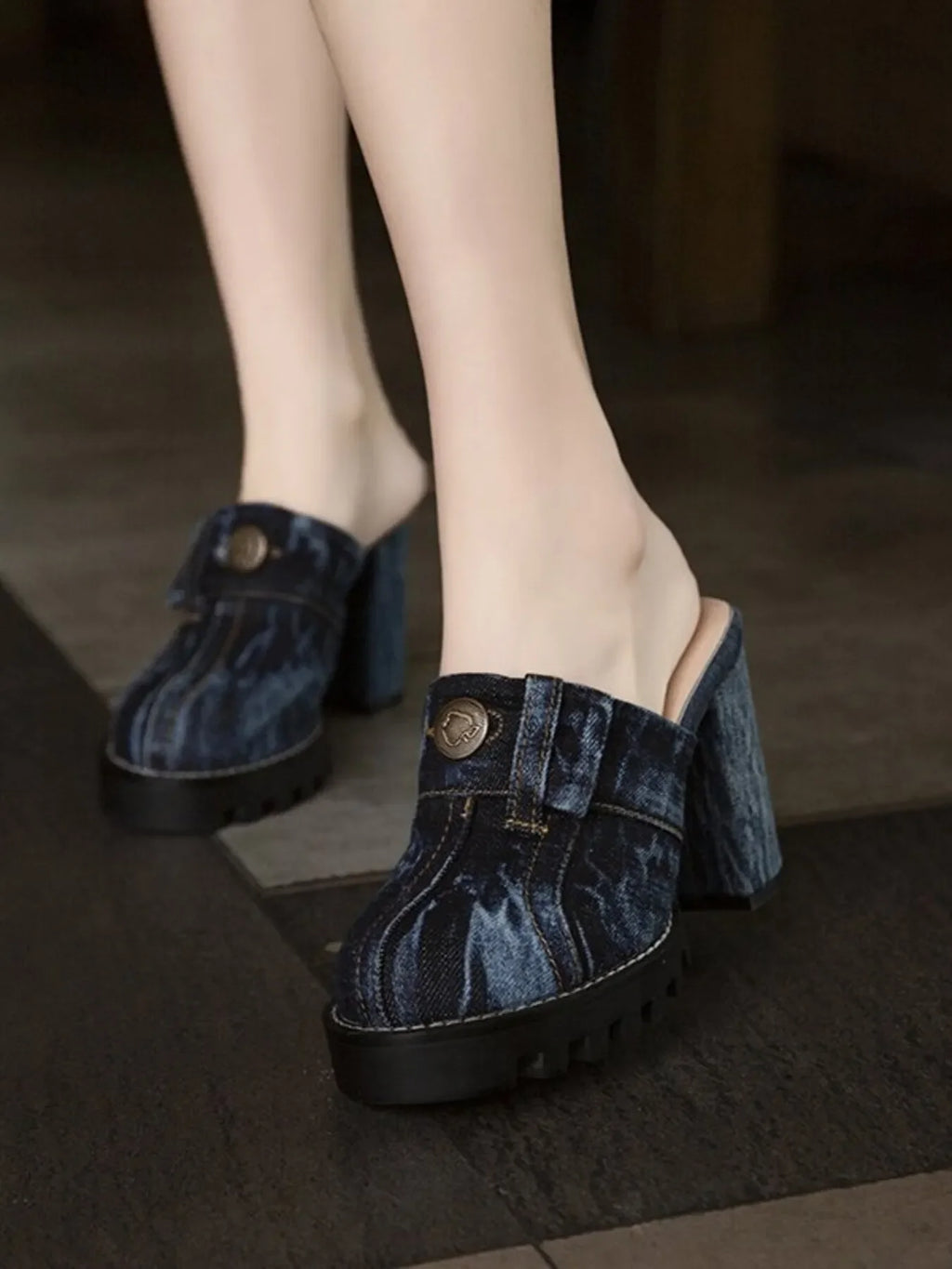 Denim Round Toe Block Heels Sandals