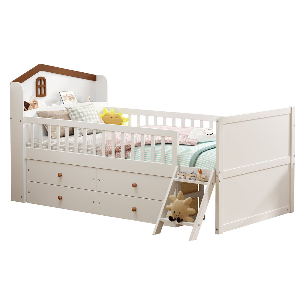 Twin Bed Frame with Storage 4 Drawers,Wooden Bed Frame for Kids,Platform Twin Size Bed with Guardrail Headboard and Ladder, No Box Spring Needed, Easy Assembly, White