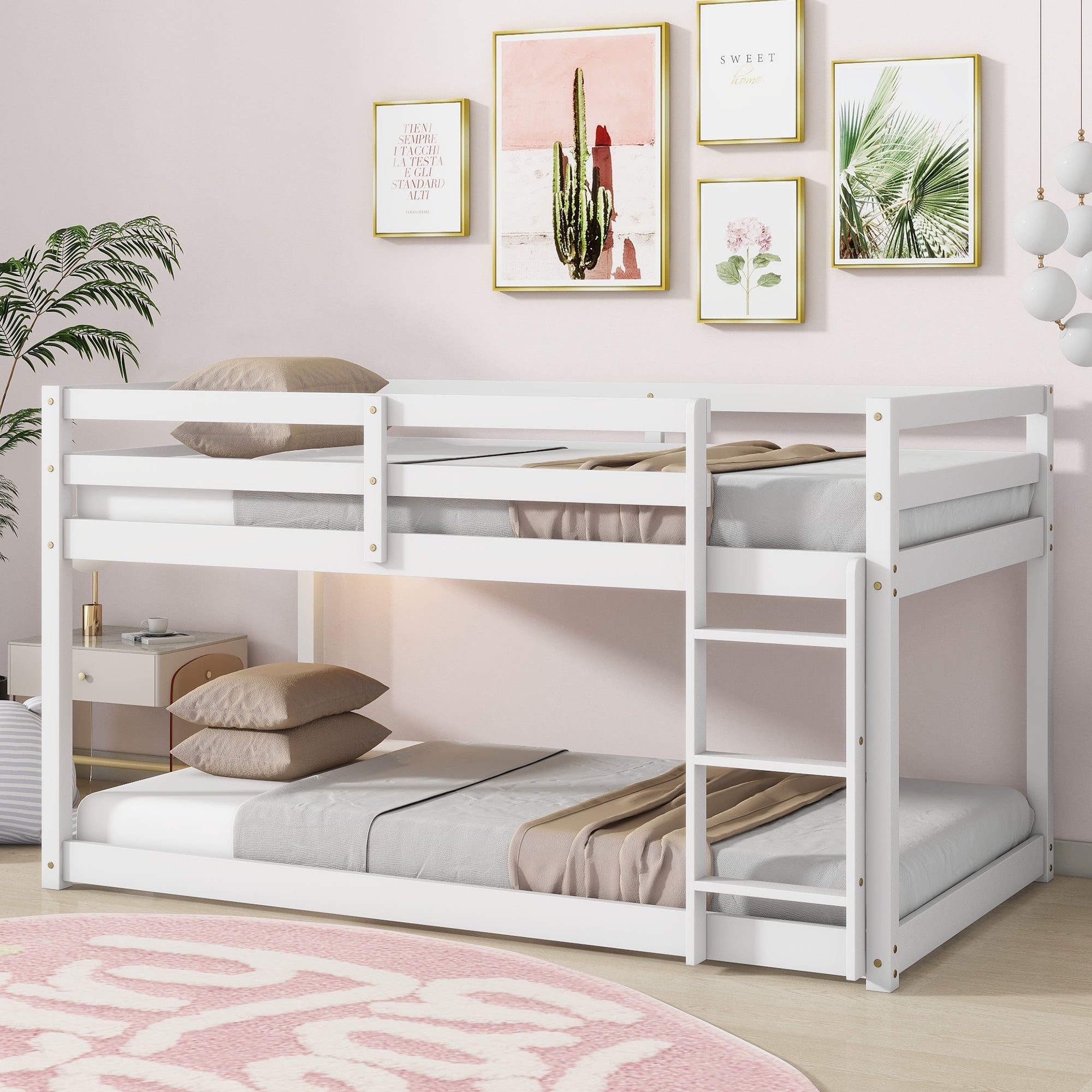 Solid Wooden, Solid Rubber Wooden Twin over Twin Floor Bunk Bed with Ladder, with Bed Platform of Strengthened Slats,White