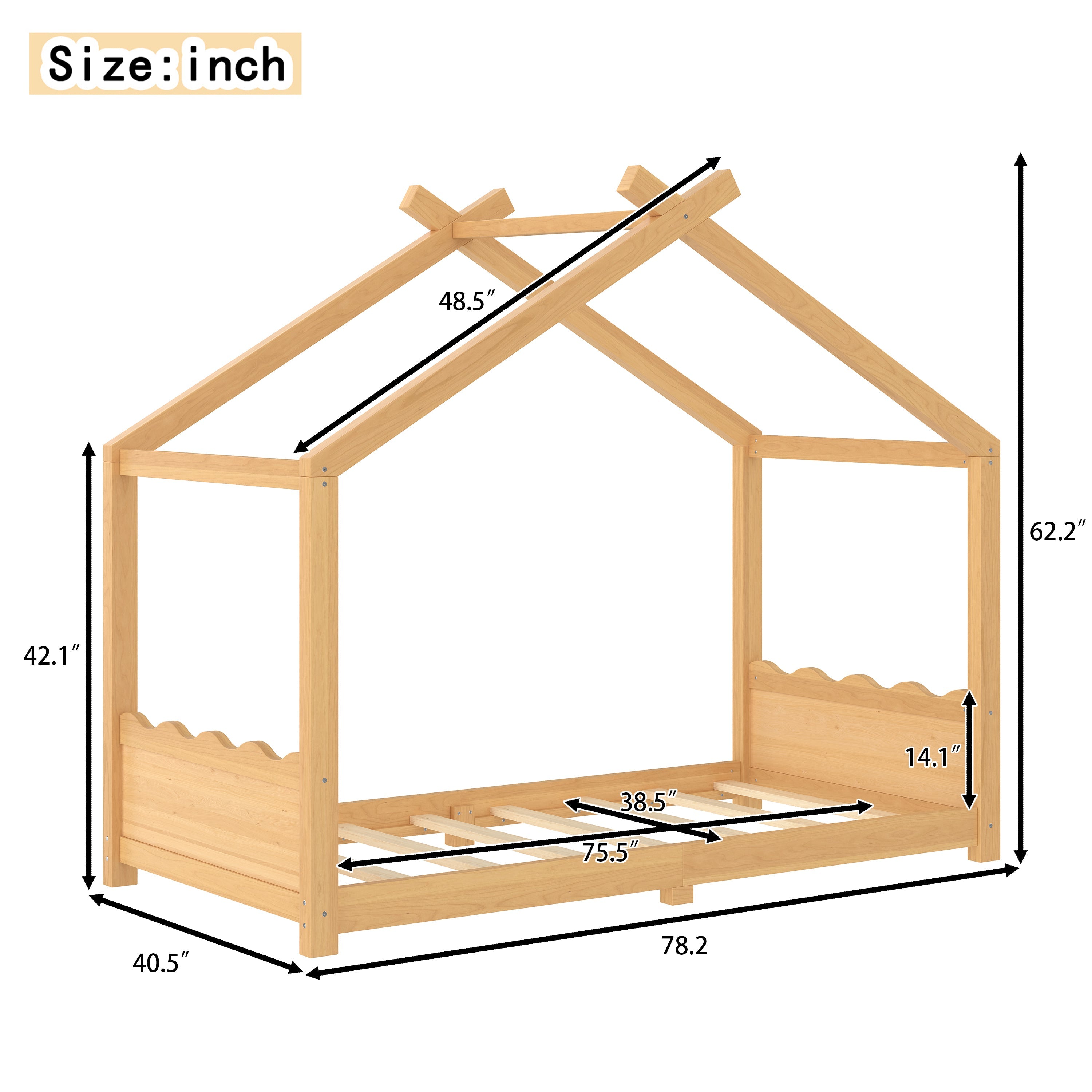Twin House Floor Bed with Support Slats, Solid Wood House Bed Frame for Kids, No Box Spring Needed and Opening Constructure, Natural