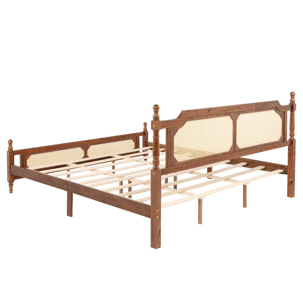 King Pine wooden Bed with Rattan Headboard  and Footboard, with  Central Enhanced Bed Platform,Walnut
