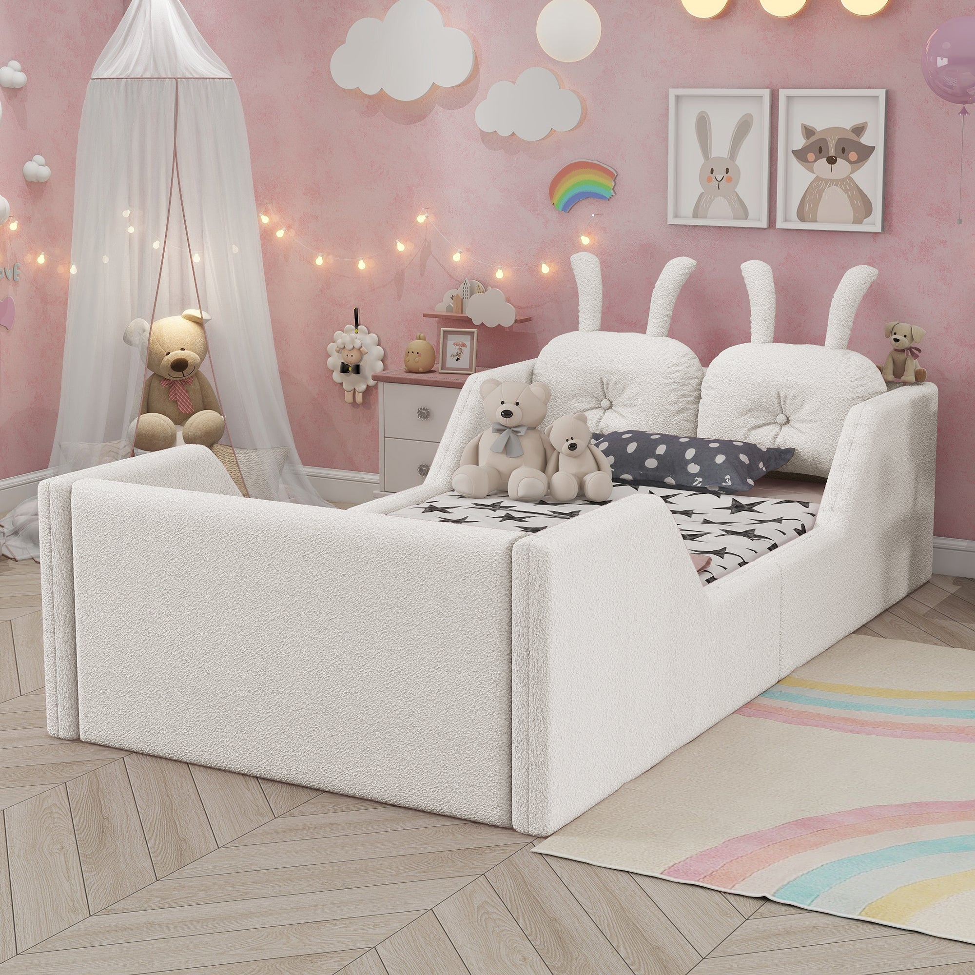 Twin Size Upholstered Platform Bed with Rabbit Cushion, Kids Floor Upholstered Bed with Removable Side Rails, White(Expect Arrival Date 2025/1/15)