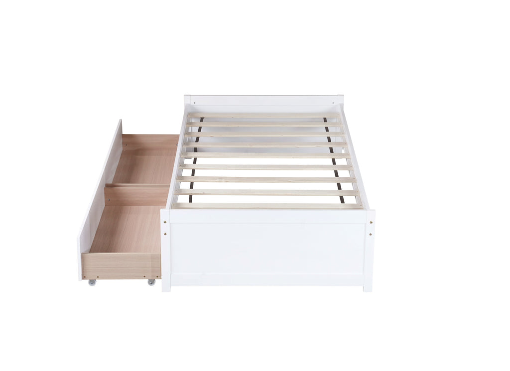 Twin Size Bed with 2 Drawers, Solid Rubber Wood Bed,White