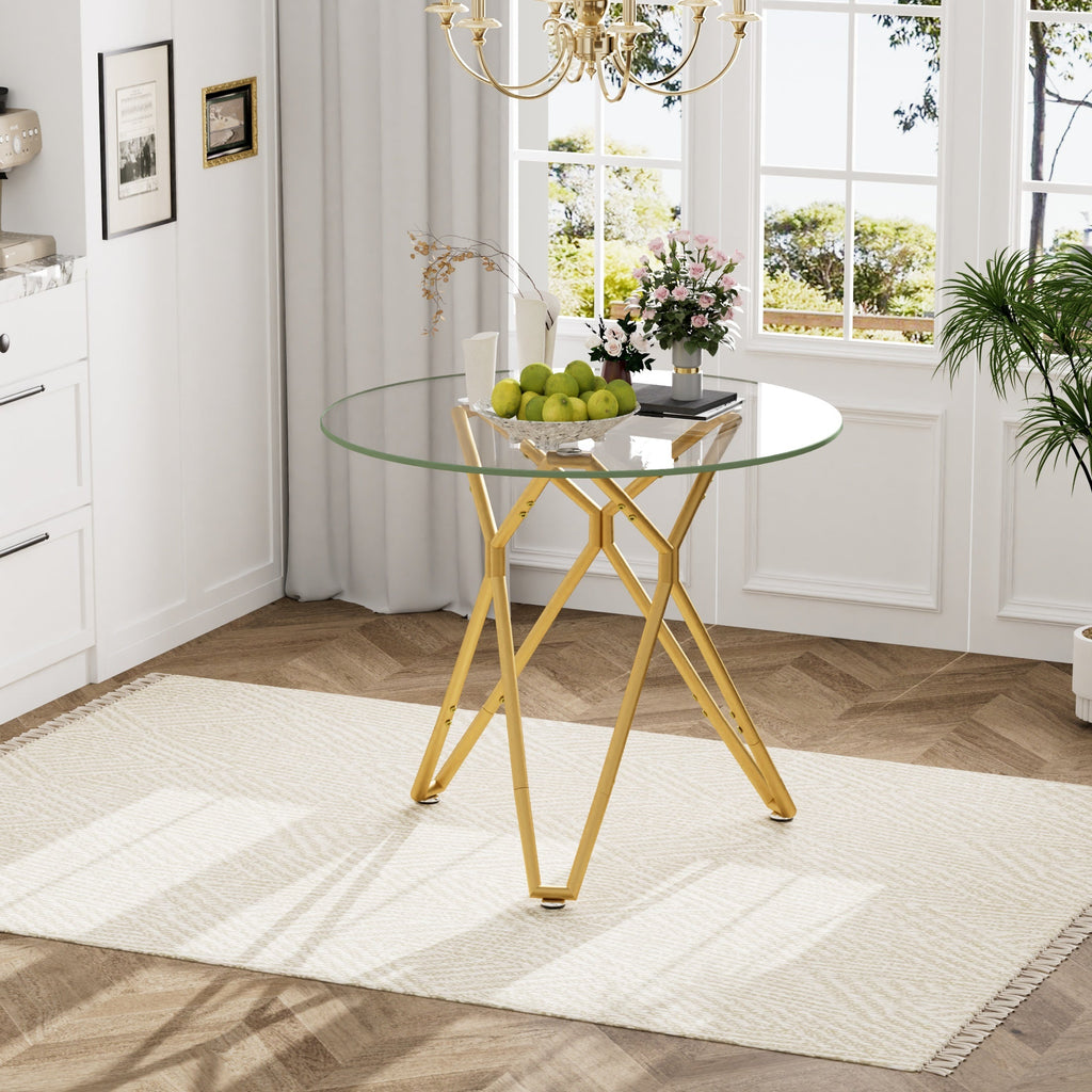 Modern Round Tempered Glass Dining Table with Sturdy Metal Legs for 1-4 People, Gold, 35.4 Inches