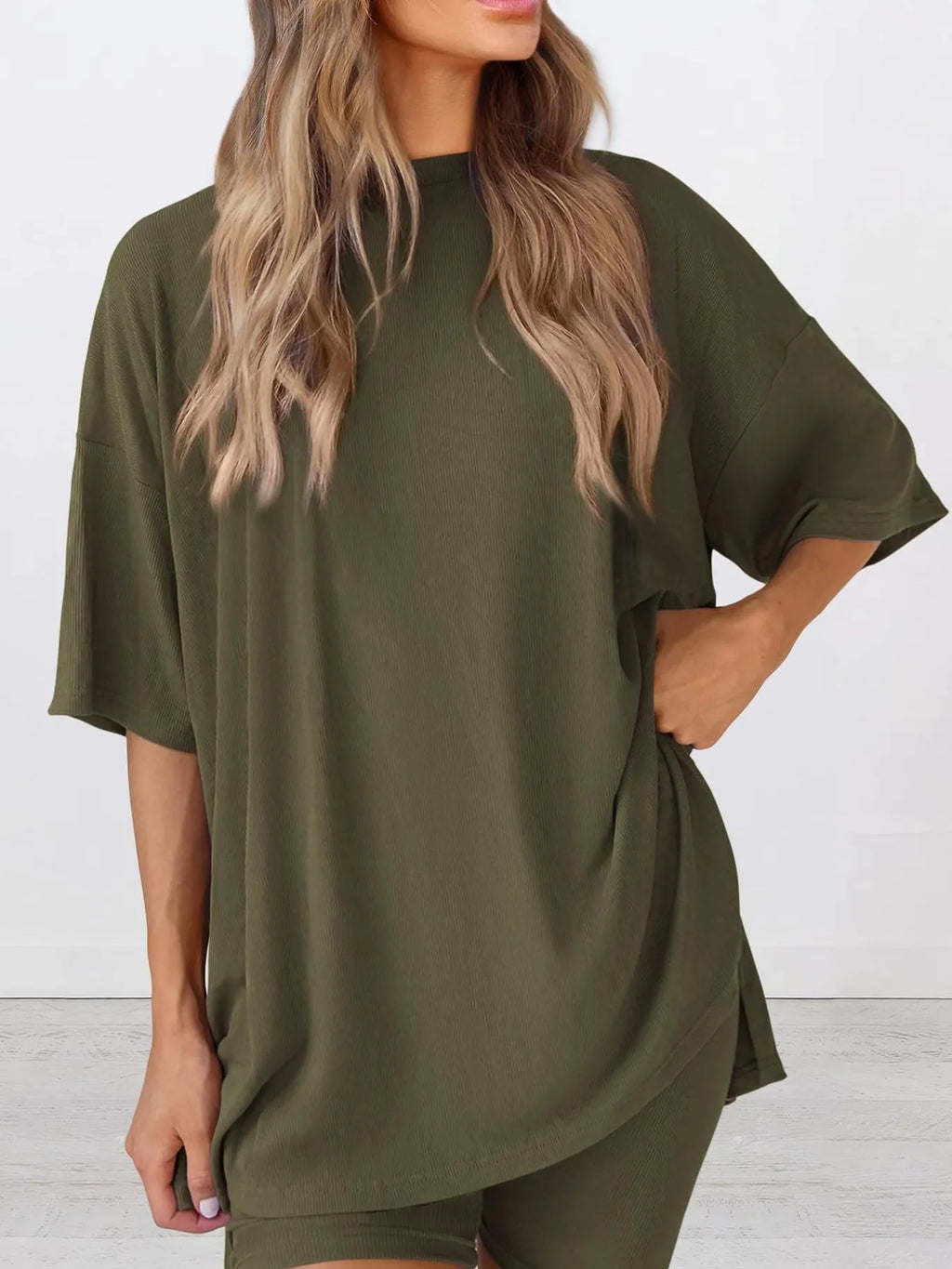 Oversized Slit Round Neck Top and Shorts Lounge Set Plus Size