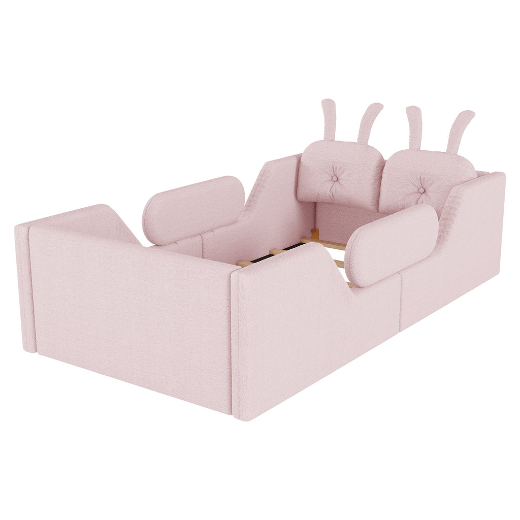 Twin Size Upholstered Platform Bed with Rabbit Cushion, Kids Floor Upholstered Bed with Removable Side Rails, Pink(Expect Arrival Date 2025/1/15)
