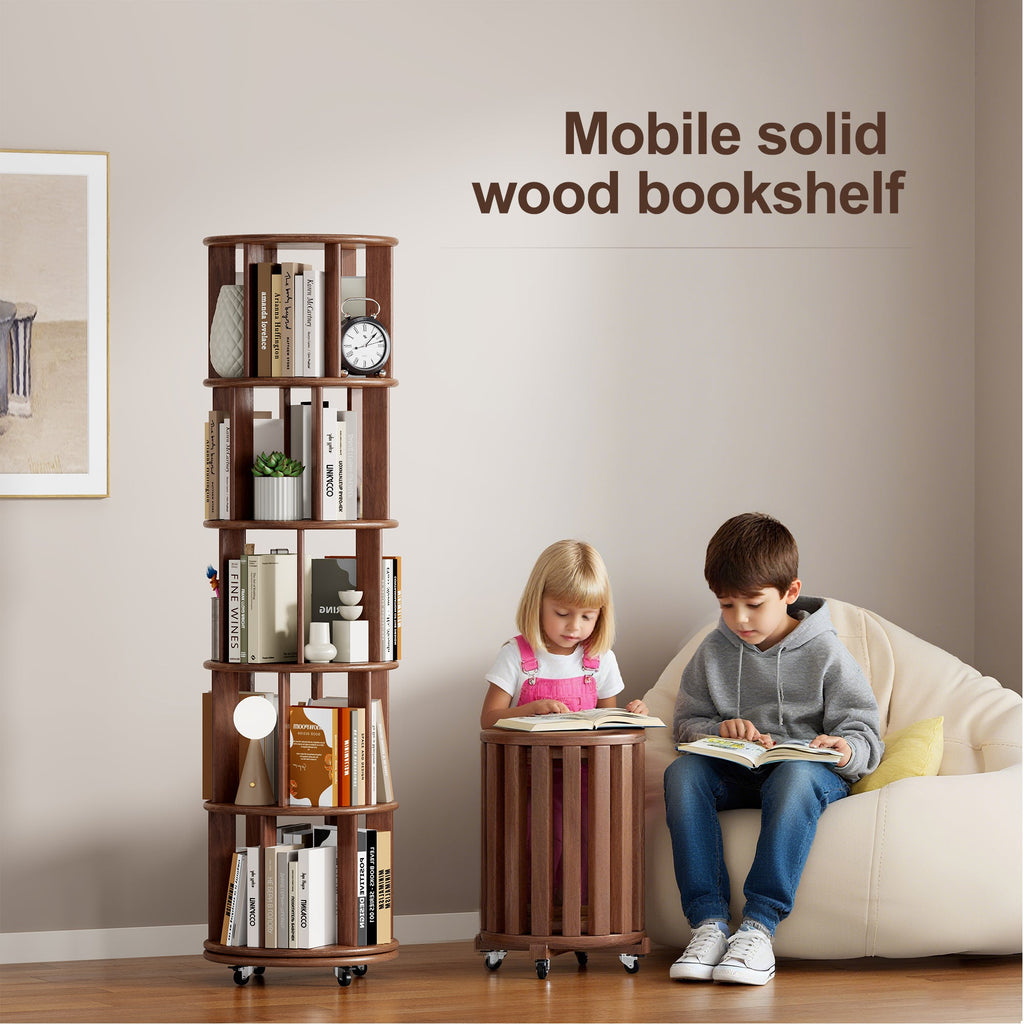 100%Solid Wood Rotating Bookshelf on Wheels,5 Tier, Round Revolving Bookcase, 360° Spinning Book Shelf Tower for Kids, Narrow Rolling Bookshelves for Small Space, Corner, Bedroom, Office, Walnut