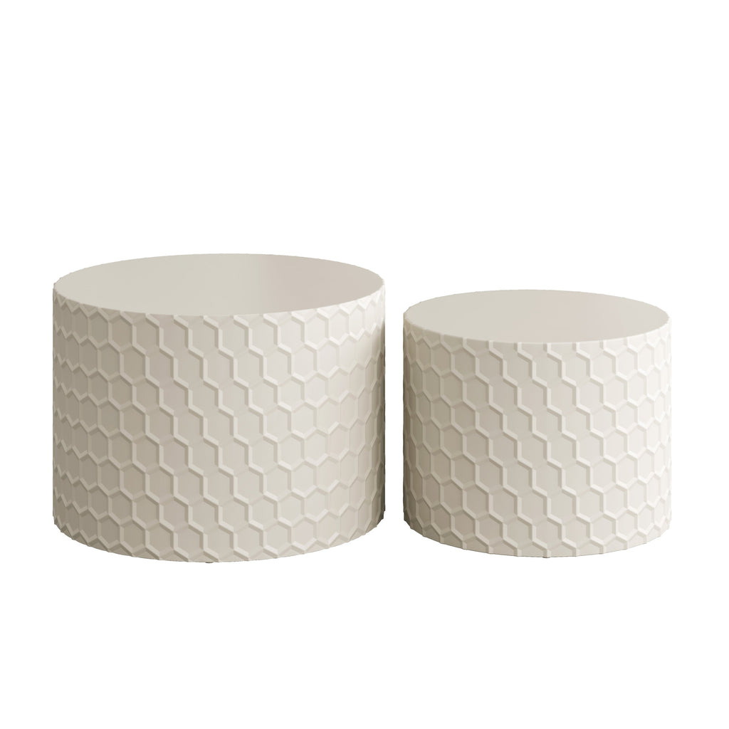 Stylish and Minimalist Nesting Coffee Table Set with Honeycomb Design, Modern Round Coffee Table, Drum Circle Coffee Table  for Living Room, Bedroom, Beige(Set of 2 Pieces)