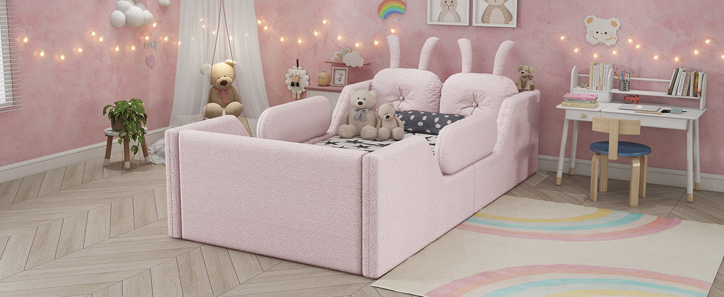 Twin Size Upholstered Platform Bed with Rabbit Cushion, Kids Floor Upholstered Bed with Removable Side Rails, Pink(Expect Arrival Date 2025/1/15)