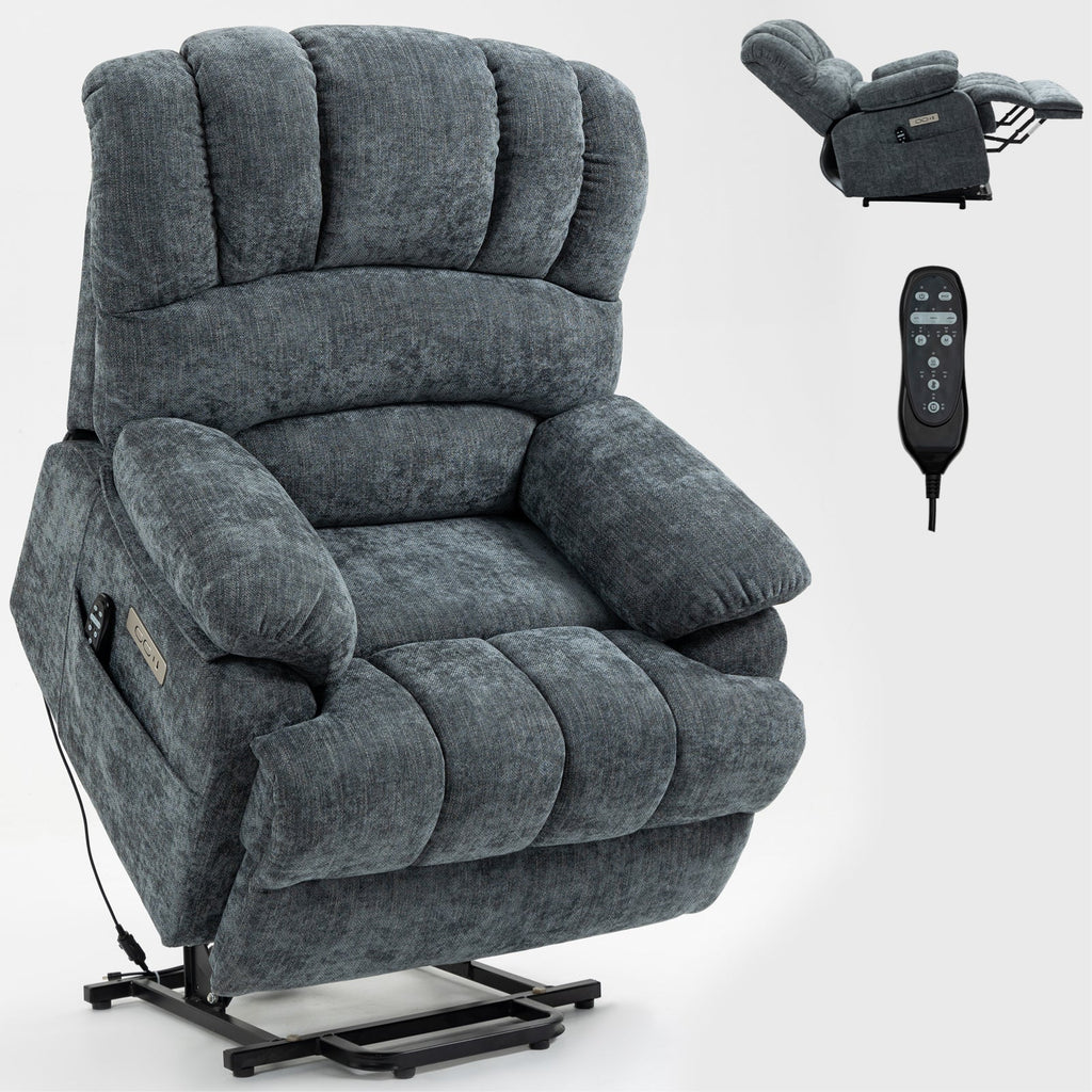 23' Seat Width and High Back Large Size Blue Grey Chenille Power Lift Recliner Chair with 8-Point Vibration Massage and Lumbar Heating
