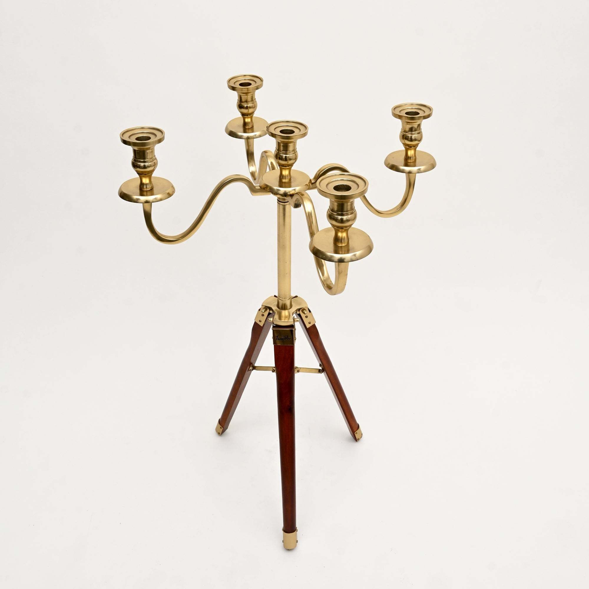 Elegant Tripod Candle Holder – Gold Polished Aluminum with Wood Detailing (17x17x31')