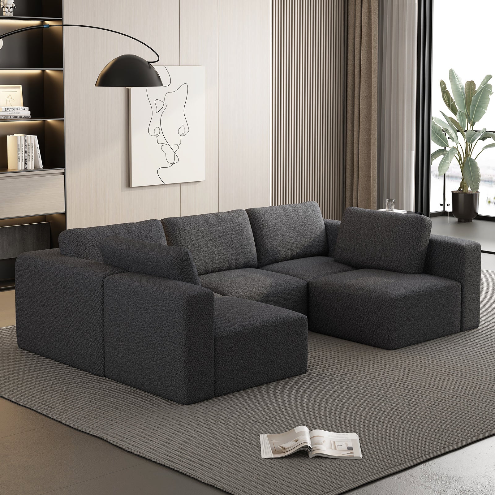 104.32*70.86 Modular Sectional Sofa Sleeper Couch, Sectional Sofa with Chaise and Ottoman, Convertible U Shaped Modular Sofa Set. Compressed sponge, Dark Grey (Combo 3A+2B)