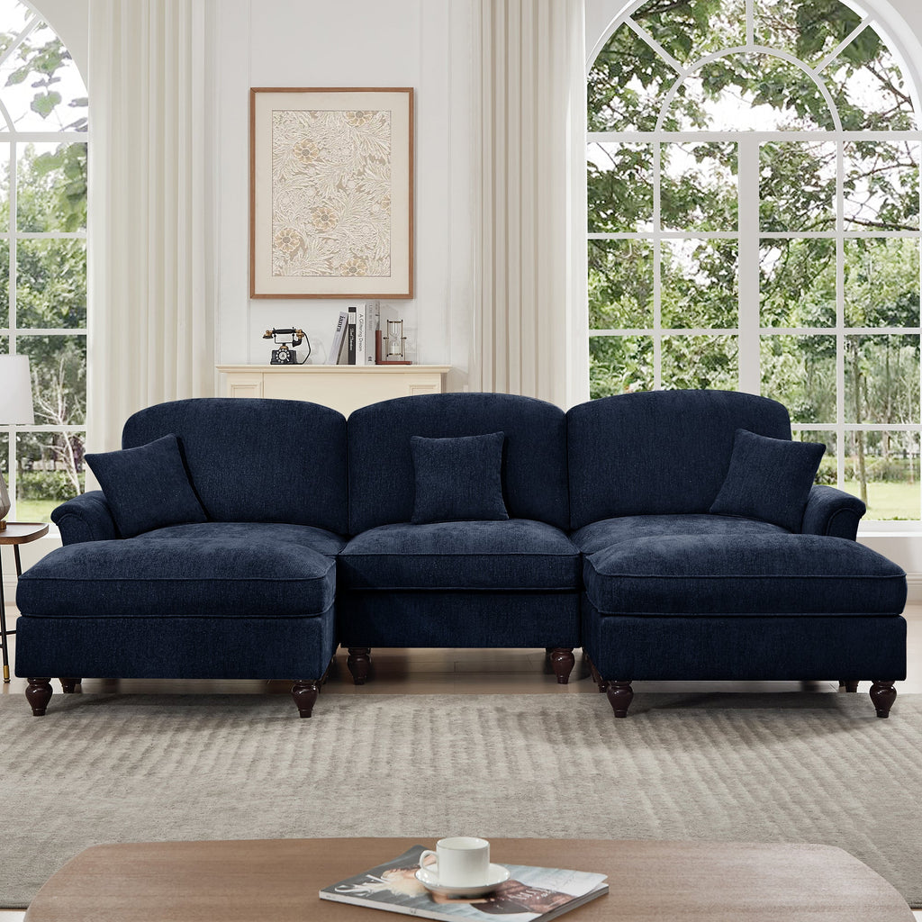 Classic Comfy Modular U Shape Sectional Sofa Couch with Flared Arms and Removable Ruffles Pleats Skirts and Spindle Legs, Upholstered Chenille Deep Seat Cloud Sofa with Movable Ottomans, Blue