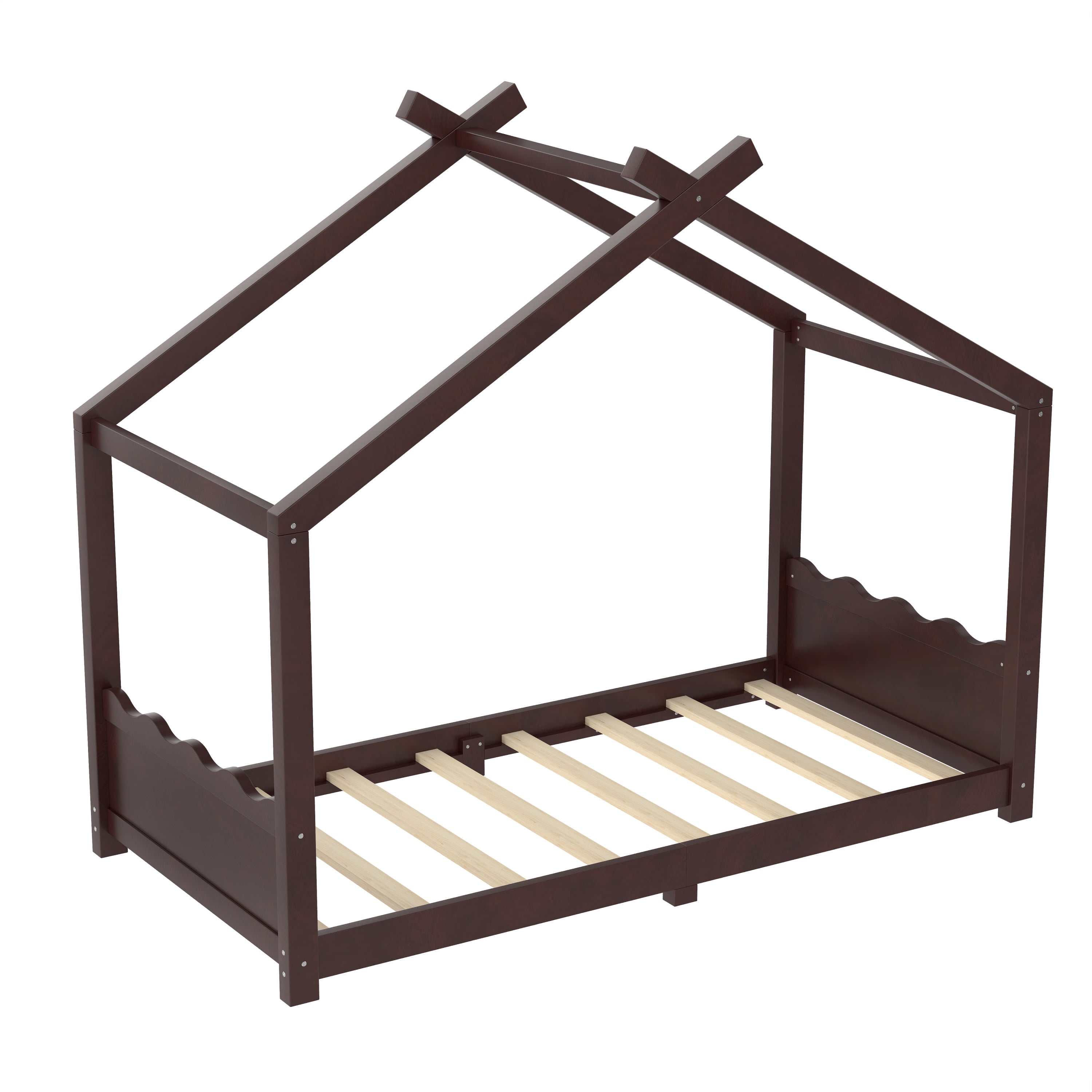 Twin House Floor Bed with Support Slats, Solid Wood House Bed Frame for Kids, No Box Spring Needed and Opening Constructure, Espresso