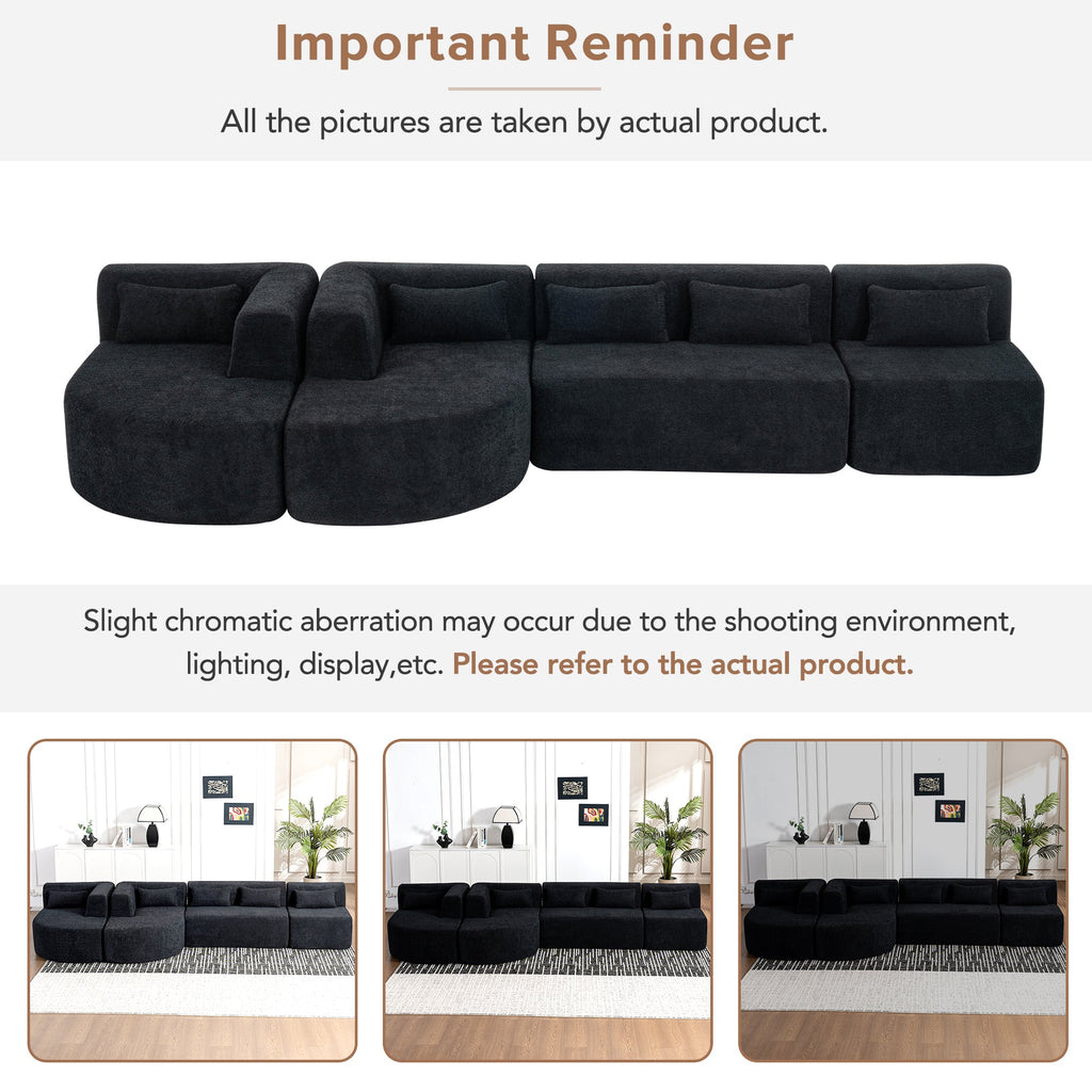 144' Upholstered Sofa Free-combined Sofa Couch with Two Chaise Lounge and Five Back Pillows for Living Room(Old SKU: N719S001600B), Black