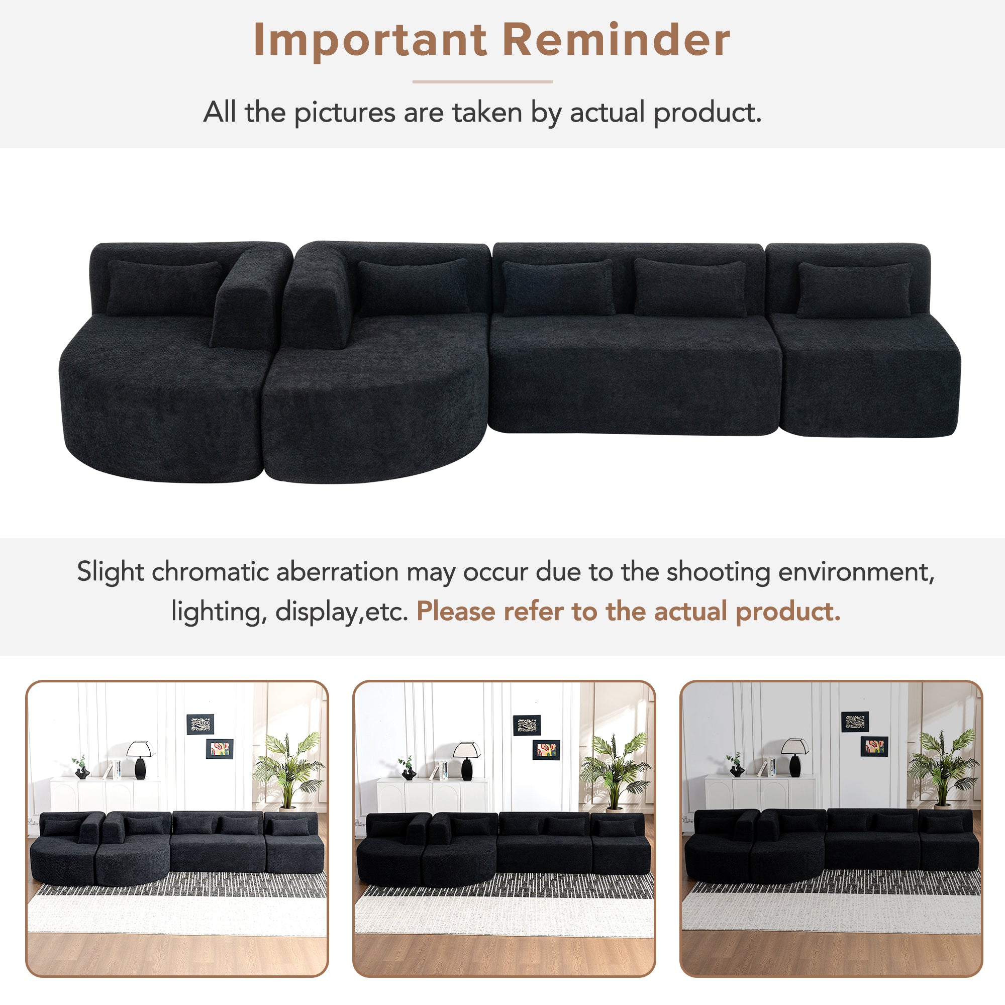 144' Upholstered Sofa Free-combined Sofa Couch with Two Chaise Lounge and Five Back Pillows for Living Room(Old SKU: N719S001600B), Black