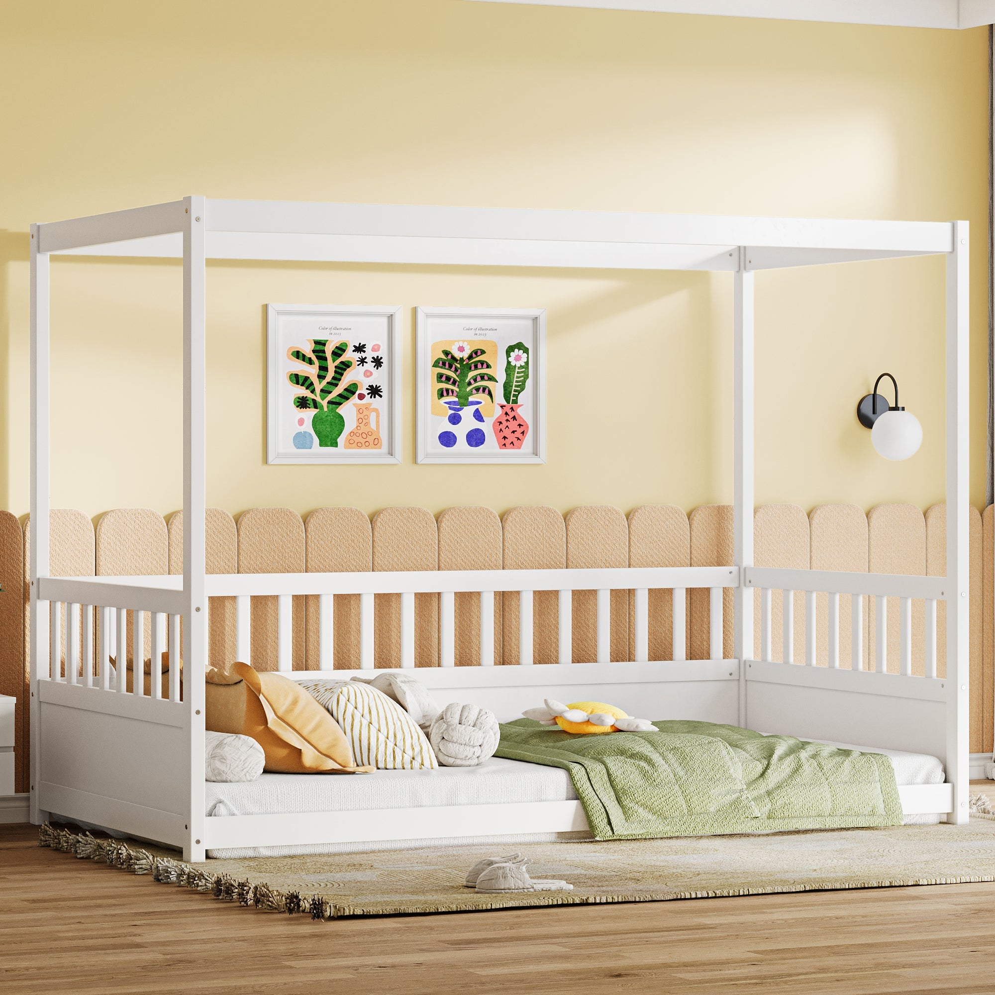 Twin Size Canopy Bed Frame with Guardrails for Kids,Floor Bed Twin with Four Poster Design,Kids Montessori Floor Bed,Wood Canopy Bed Frame for Girls,Boys(Twin,White)