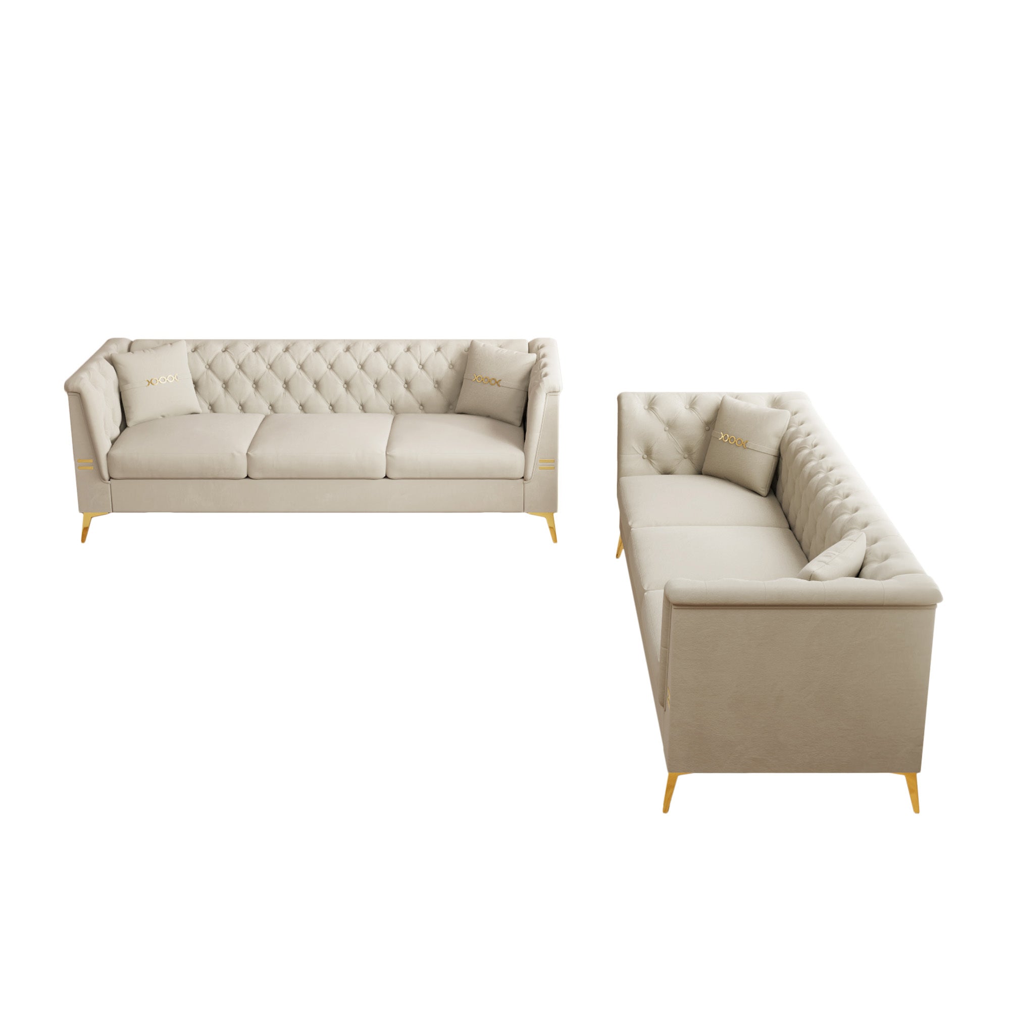 FX-P83-2PC SOFA -CW4  Modern Velvet Upholstered Sofa Set of 2, Cream White 3-Seater Sofas with Gold Metal Legs Contemporary Living Room Furniture for Family Homes, Apartments, and Lounge Spaces