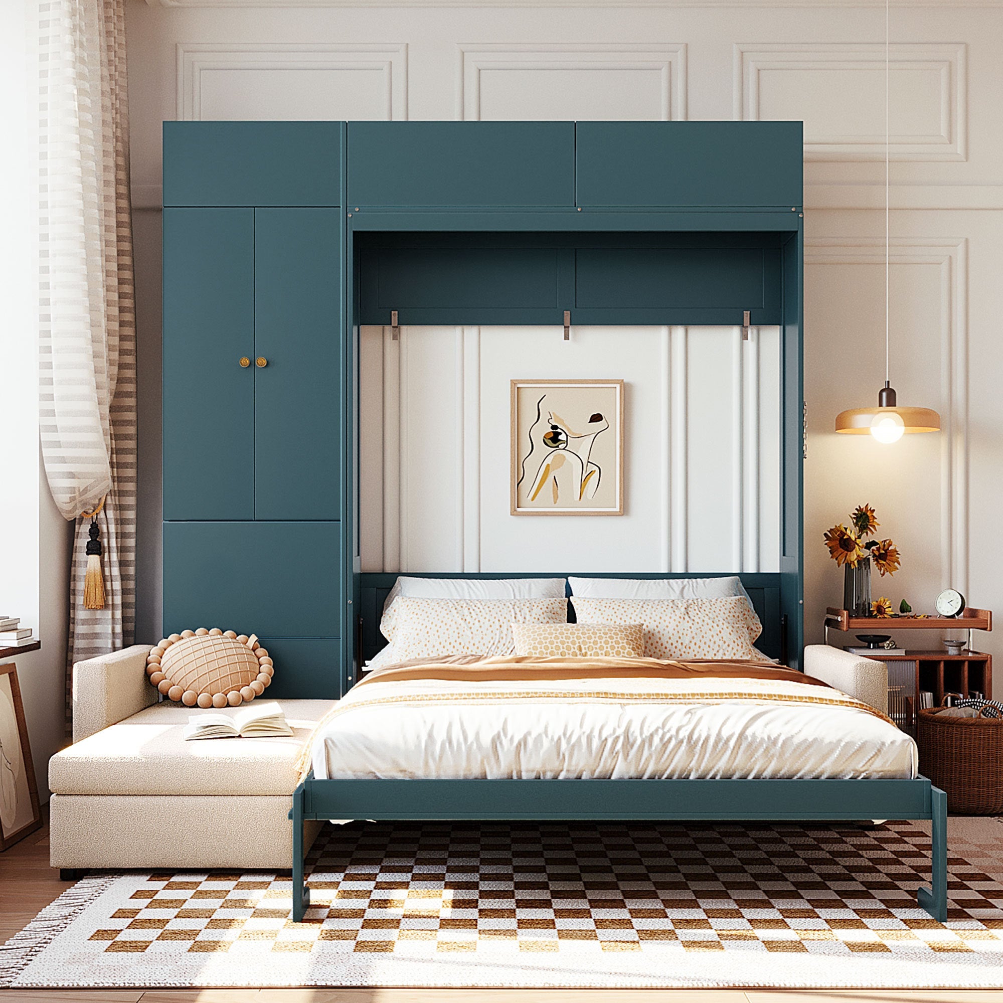 Queen Size Murphy Bed Wall Bed with Sofa and Shelves,Green Panel, Beige Sofa