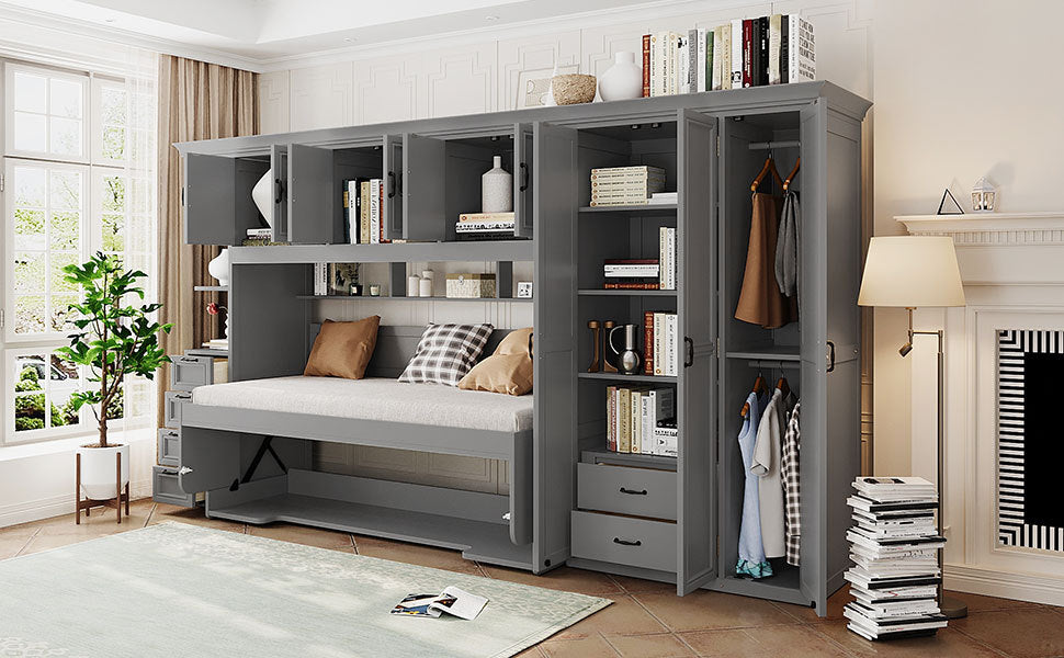 Twin Size Murphy Bed Wall Bed with Wardrobe, Cabinet and Desk, Gray