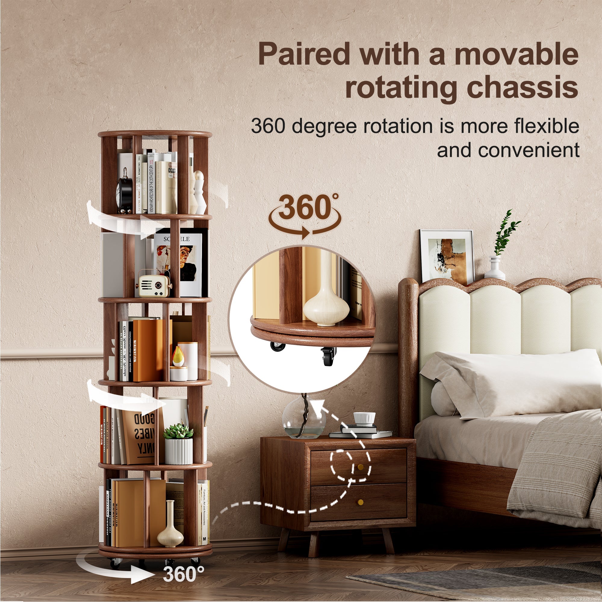 100%Solid Wood Rotating Bookshelf on Wheels,5 Tier, Round Revolving Bookcase, 360° Spinning Book Shelf Tower for Kids, Narrow Rolling Bookshelves for Small Space, Corner, Bedroom, Office, Walnut