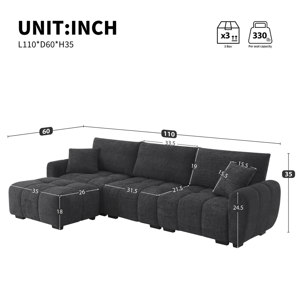 110' Modular Sectional Sofa, L Shape with Extra-large Seat, Pull-line Design, Movable Ottoman, High Density Foam, Free Combination, Sturdy Metal&Wood Frame, Boucle Fabric, 3 Colors