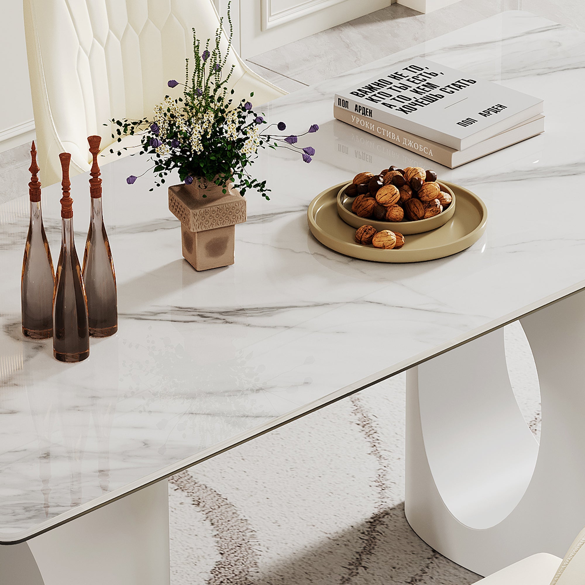 0.47' Thick Sintered Stone Composite Tempered Glass Top Rectangular Dining Table with Carbon Steel Base